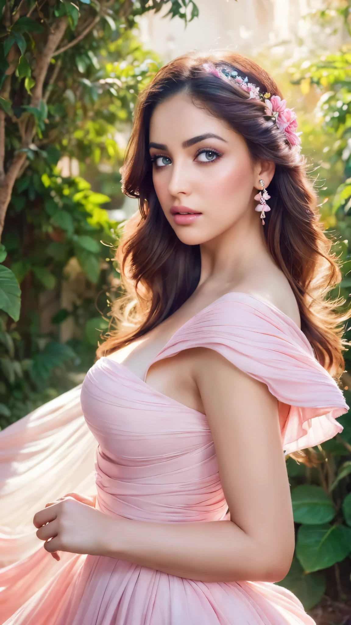 (best quality,photo-realistic:1.37),vibrant colors,professional,extremely detailed eyes and face,beautiful detailed lips,longeyelashes,(soft,pastel) color palette,studio lighting,women,portrait,concept artists,lush garden background,dreamy atmosphere,romantic mood,flowing dress,dynamic pose,creative,Fantasy style, yamig