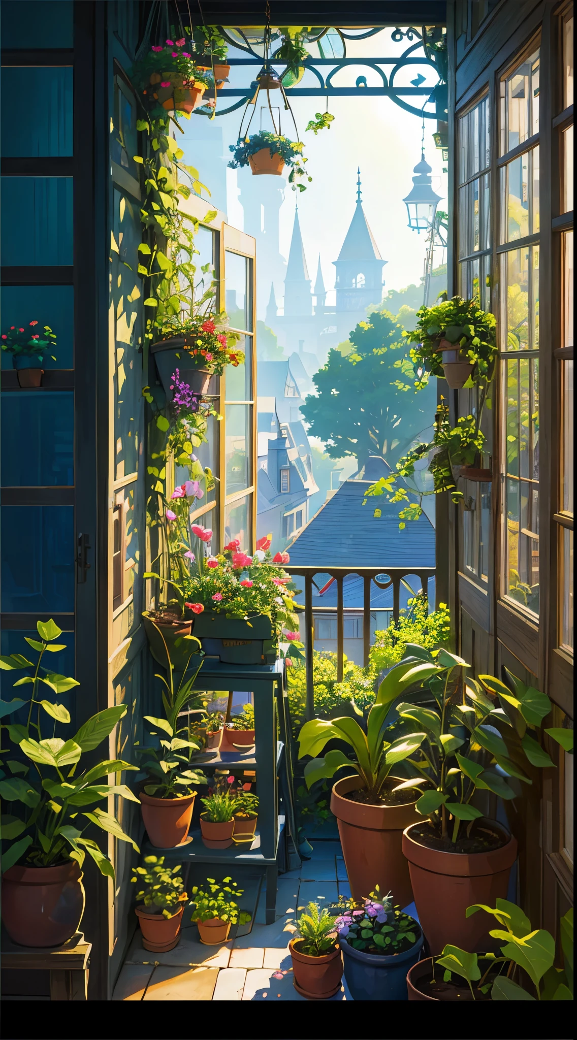a window filled with lots of potted plants, by Edward Okuń, by Evgeny Lushpin, flower shop scene, intricate environments, potted plants, colorful bottles and plants, inspired by Evgeny Lushpin, dream scenery art, ( ( fantasy plants ) ), secret garden, life like plants, by Michael James Smith, studio ghibli environment, fantasy magical vegetation