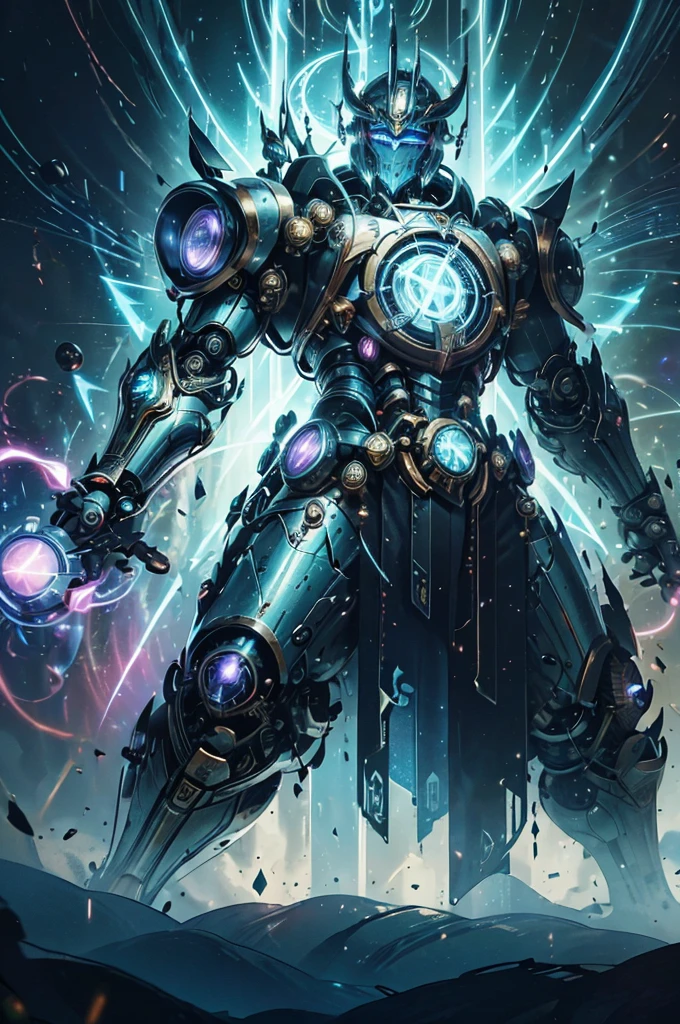   A miracle of technology. Mechanical warriors are a miracle of technology.，Advanced technology,futuristic glowing, armor, Glowing mecha, They have large wings and advanced weapons and equipment，Cyberpunk can exert powerful power in battle,Mechanical,glowing eyes,Metal surface electromagnetic field,sharp edge depth of field,Maximum Clarity and Clarity Lighting Effects Fantasy Art Mystical Atmosphere Complex Details Expansive Views, Surreal, Very detailed, number, Surreal主义