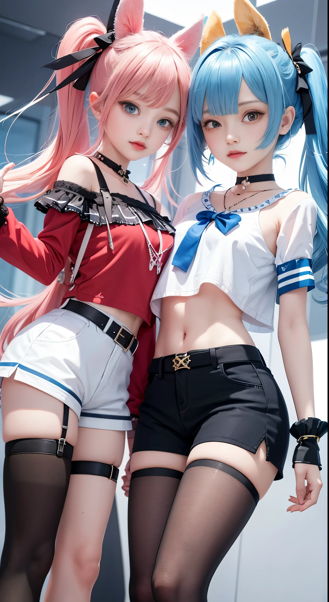 ,twins, Masterpiece,Best quality,offcial art,Extremely detailed Cg Unity 8K wallpaper, 2girls, cute female , Yuri, hair adornments, Short shorts, Crop top, Pantyhose, ribbon_choker necklace, leg belt,