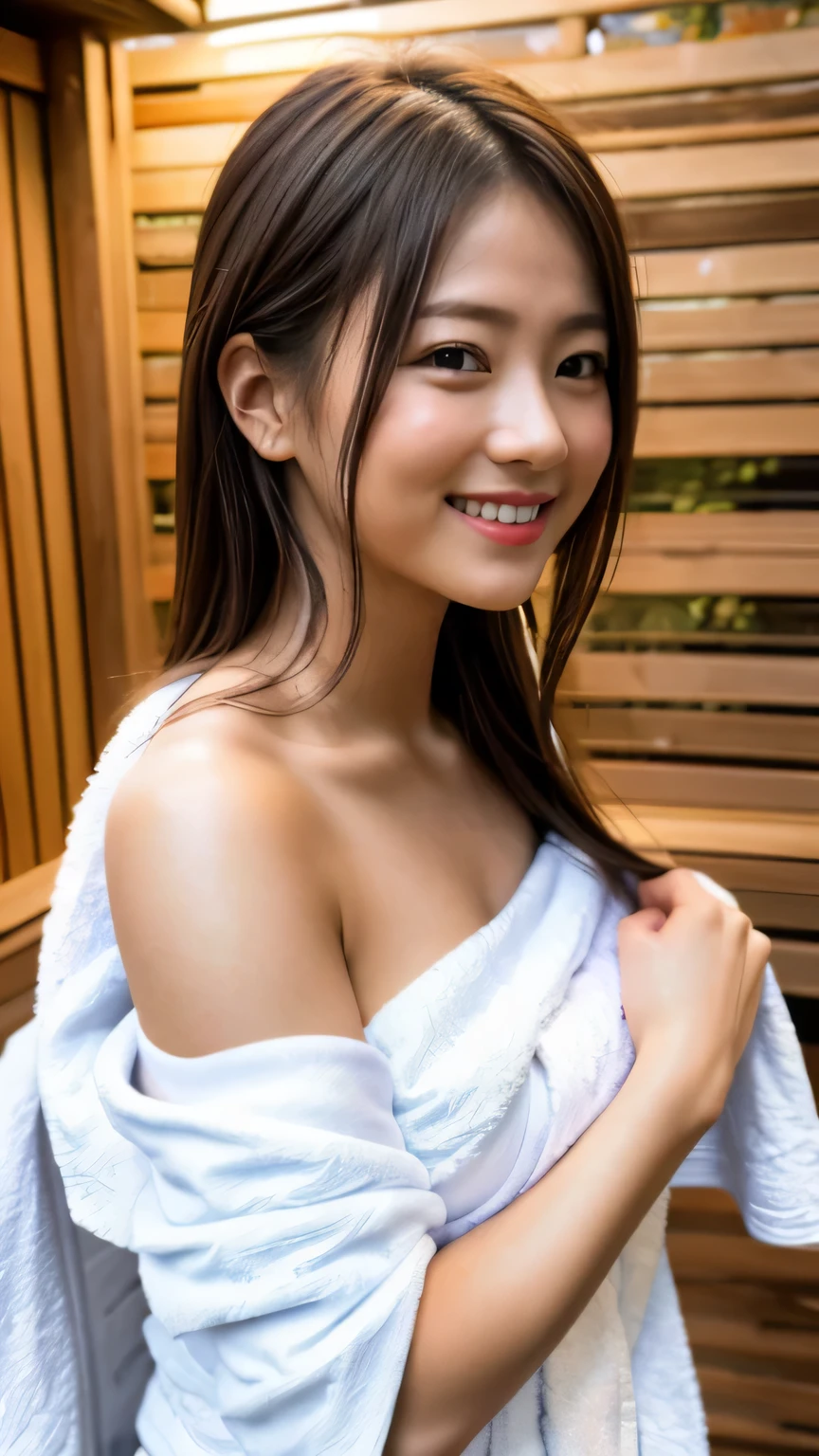 ((Best quality)), ((masterpiece)), ((photorealistic)), ((ultra high res)), (8K raw photo), 19 year old, beautiful face, white towel, cute small_breasts, happy smiling, ((Perfect Face)), brunette, full shot of a beautiful girls, detailed skin, detailed background, finely detailed, 8k uhd, dslr, detailed fingers, skintight, some steam, cute girl, ((wrap a white thin short towel around only breasts)),, 1 cute girl in a sauna, (photo of the upper body), breasts are hidden with a white thin short towel, 最高品質、解剖学的に正確な身体、へそ、下乳ga、