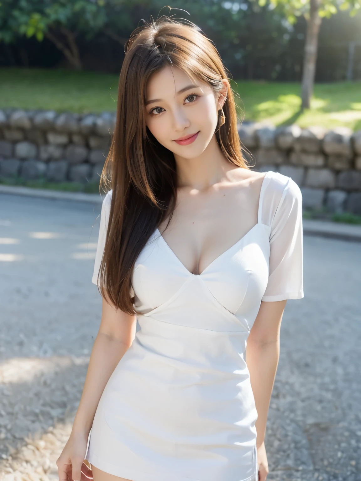 ((((highest quality))))、(((Ultra-precision CG16K wallpaper)))、(((masterpiece)))、(((Super detailed)))、(((super extreme details)))、1people's women、mature woman、25 year old woman、((Japanese face))、((very beautiful face))、((Nanao:1.5))、((Straight medium hair:1.3))、(shiny hair)、bangs up to eyebrows、beautiful brown hair、beautiful delicate eyes、brown eyes、raised eyebrows、high nose、small nostrils、small mouth、seductive lips、mouth slightly open、beautiful breasts、C cup size breasts、cleavage、plump body、perfect proportions、perfect anatomy、perfect composition、beautiful detailed shading、beautiful natural lighting、beautiful detail glow、Depth of bounds written、(((High chroma)))、(((real:1.9)))、((vivid:1.4))、((beautiful skin))、((skin texture))、((realな皮膚感))、(((cowboy shot:1.5)))、((Angle seen from the front:1.5))、((smile:1.4))、(Eyes looking at me:1.5)、bright sunshine、(((In front of Himeji Castle:1.3)))、(standing pose:1.5)、(((White miniskirt dress:1.5)))、