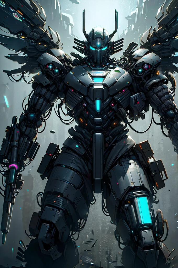 A miracle of technology. Mechanical warriors are a miracle of technology.,Advanced technology,futuristic glowing, armor, Glowing mecha, They have large wings and advanced weapons and equipment,Cyberpunk can exert powerful power in battle,Mechanical,glowing eyes,Metal surface electromagnetic field,sharp edge depth of field,Maximum Clarity and Clarity Lighting Effects Fantasy Art Mystical Atmosphere Complex Details Expansive Views, Surreal, Very detailed, number, Surreal主义