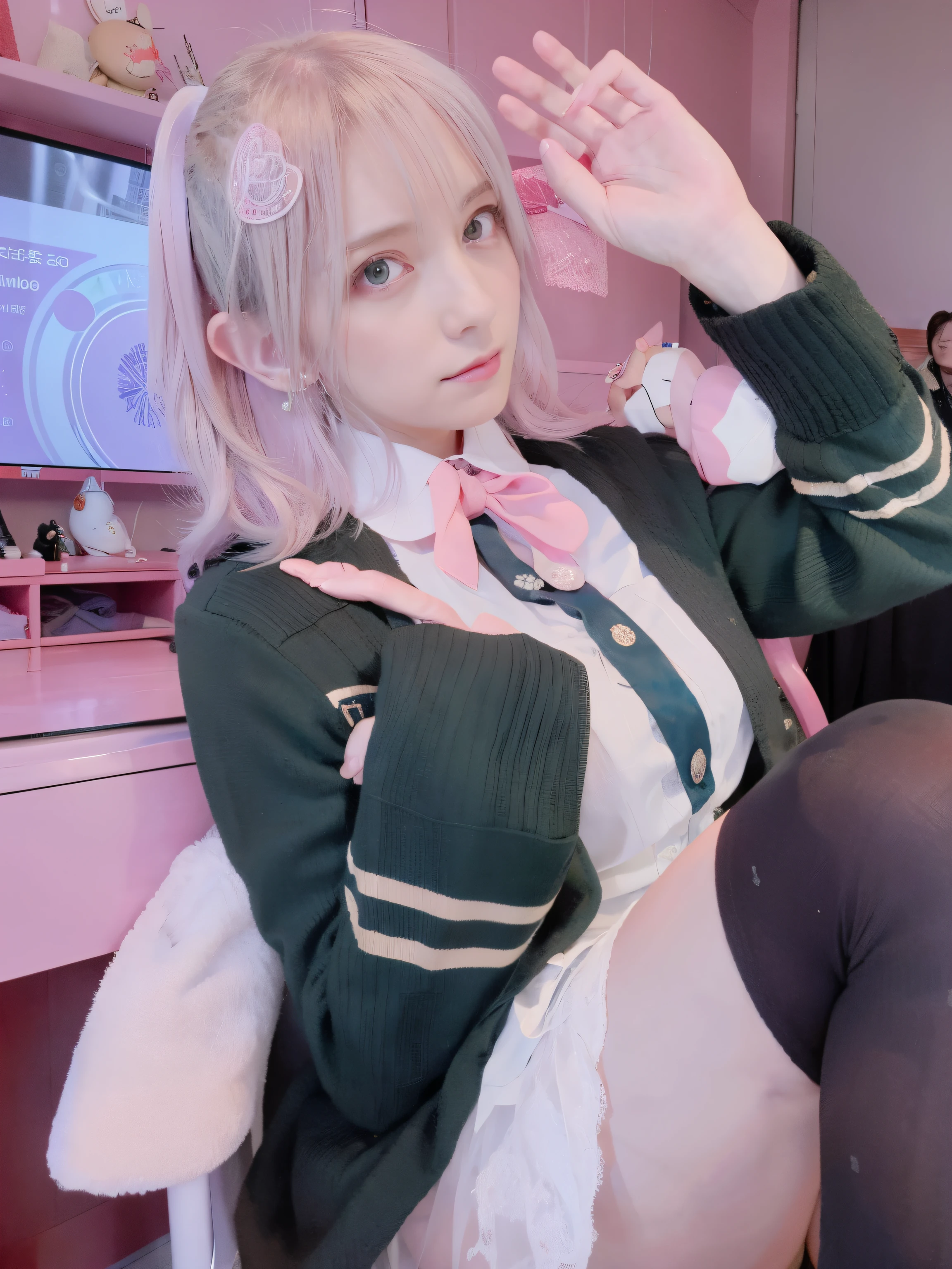 Anime-style girl in a uniform sitting on a chair with her hands raised, anime girl cosplay, chiaki nanami from danganronpa, loose coat collar sailor uniform, beautiful anime high school girl, anime cosplay, Real Anime Girls, jk uniform, magic school uniform, girls front line style, anime girl squatting, sakimichan