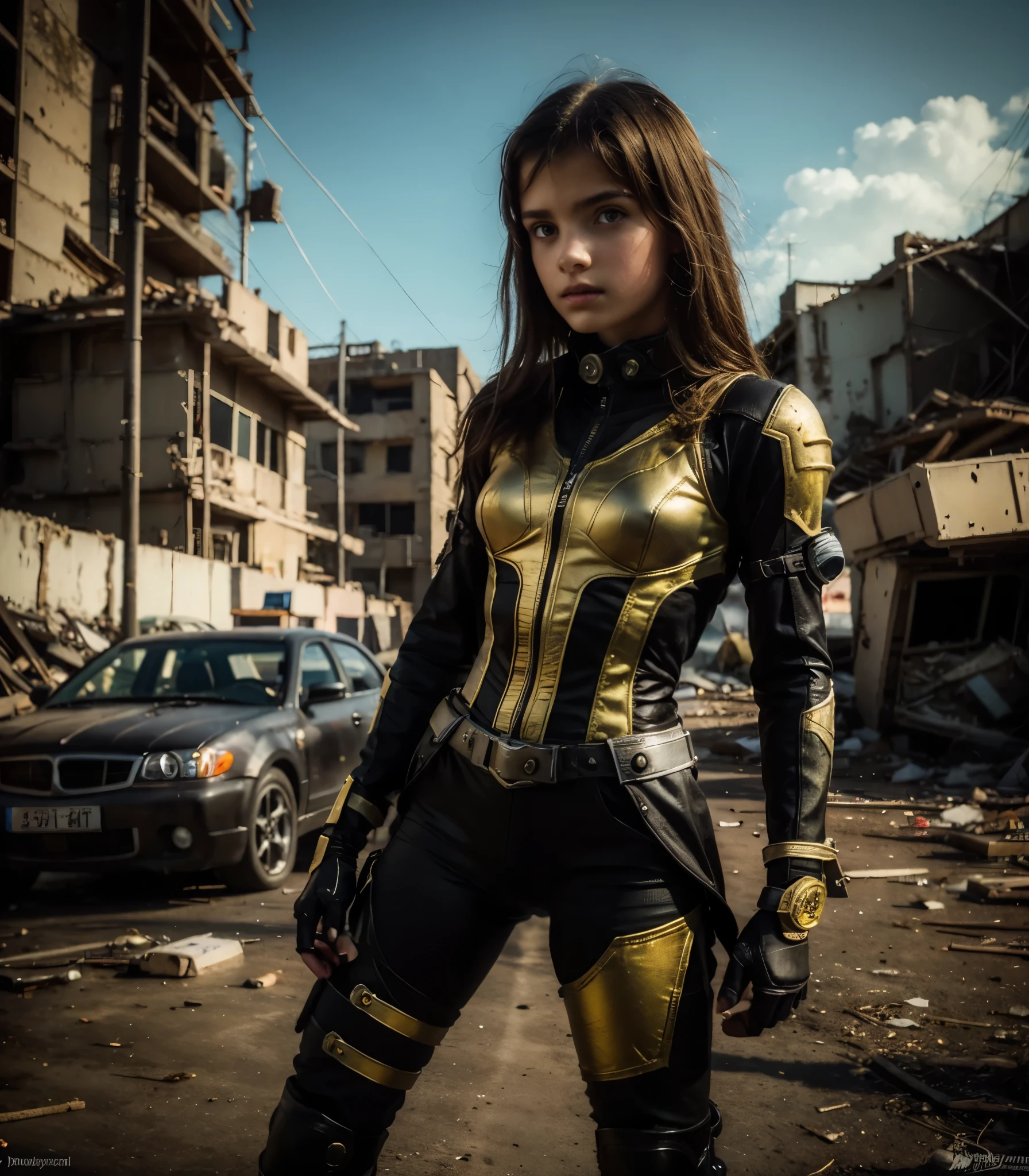 VaultGirl warrior,  girl, black and gold combat suit, fighting through apocalyptic ruins, wreaked cars and dead bodies. Incredibly detailed, 8K fine art photography, hiper detallado, Obra maestra