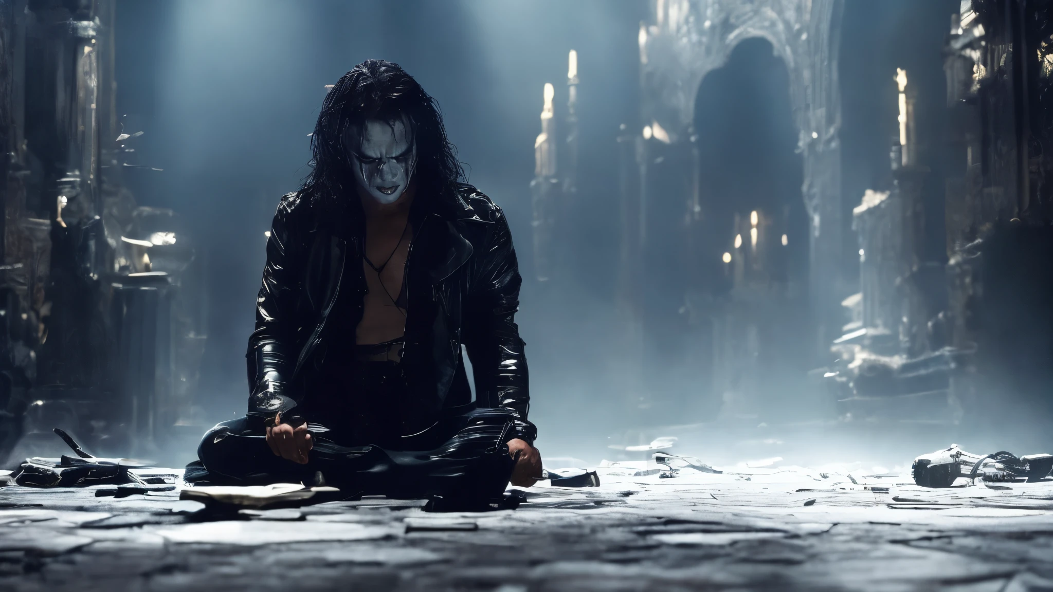 blurred image of a man sitting on the floor in a dark room, The character Eric Draven from the 1994 film The Crow, Brandon Lee, with his long black hair, black leather jacket, painted face, open jacket, showing his chest, Mysterious aesthetic , head down, head down; whose neck and shoulders are bent forward in meditation, reflection, an epic temple, perfect cinematic composition, Sharp focus, Depth of field, dramatic lighting and cinematic lights by Ridley Scott., underworld, Christian, gothic,