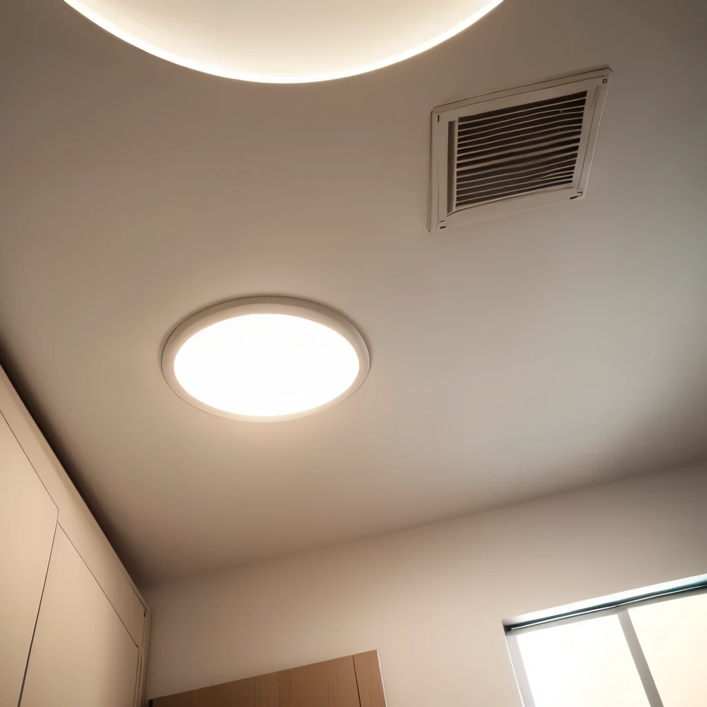 unmanned, Indoor apartment, ((super low angle)),((camera angle from bottom to top)), (((ceiling)))  White round small simple lighting