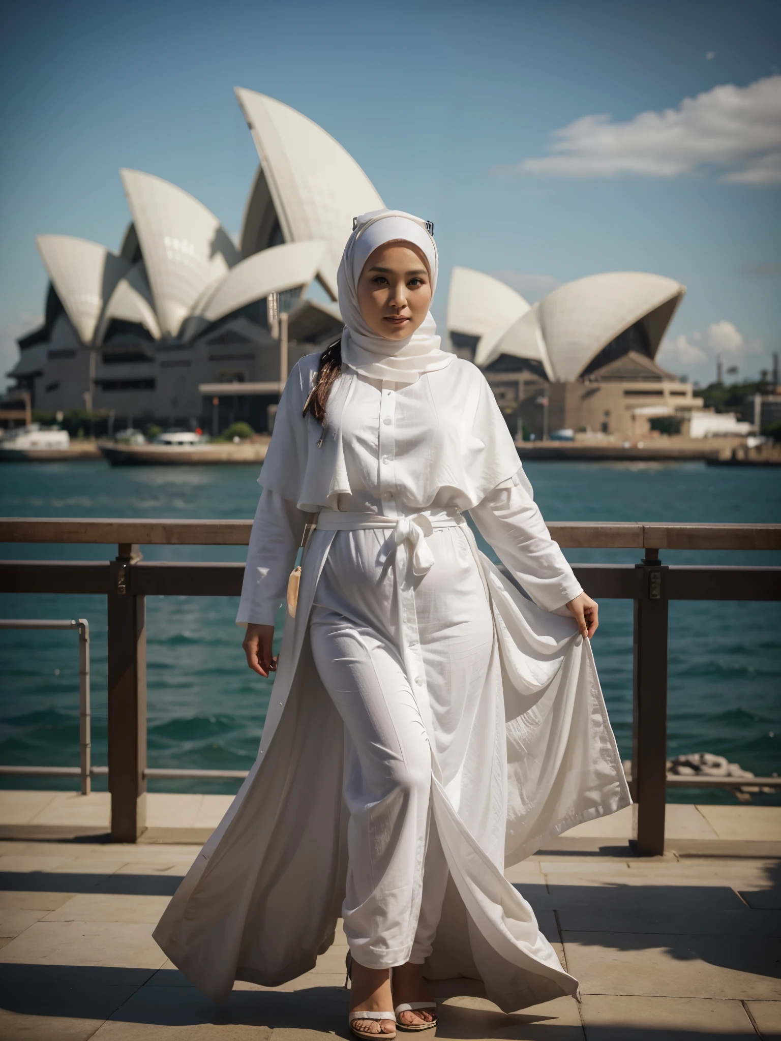 a woman wearing a hijab, wearing a white robe, (30 years old) ((plump)), realistic, young Asian woman, realistic, HDR, photography, sea and Sydney  background