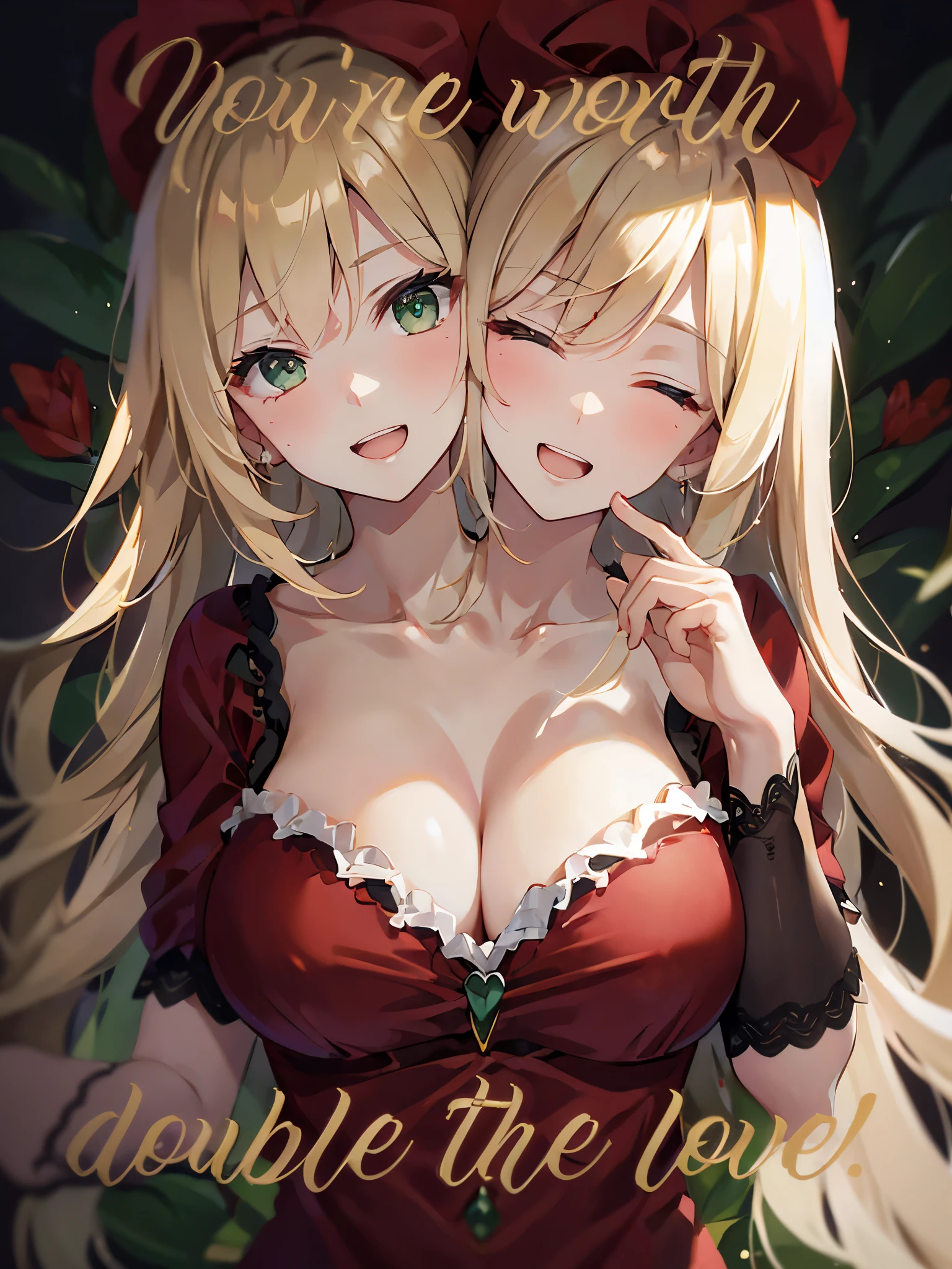 (masterpiece, best quality), best resolution, (2heads:1.5), 1girl, blond hair, green eyes, one eye open and one eye closed, open mouth, love, happy, red t-shirt, close-up, valentine's card
