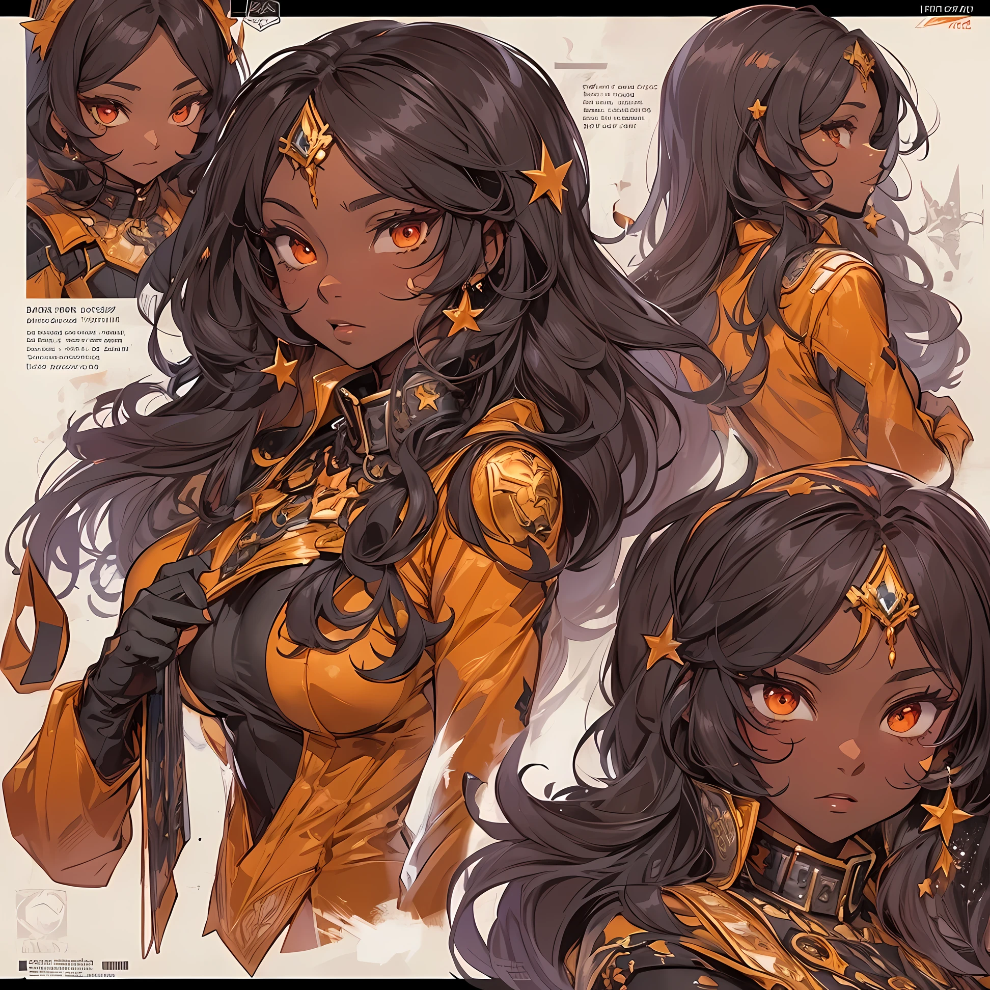 ((Masterpiece, Highest quality)), Detailed face, CharacterDesignSheet， full bodyesbian, Full of details, Multiple poses and expressions, Highly detailed, Depth, Many parts，Beautiful spy，dark brown skin, Holding a shield，long black hair，red eyes, estilo fantasia，Orange caramel，Extremely beautiful，High Balance, Natural light, Lace，lacepantyhose，Galaxy décor，Star decoration