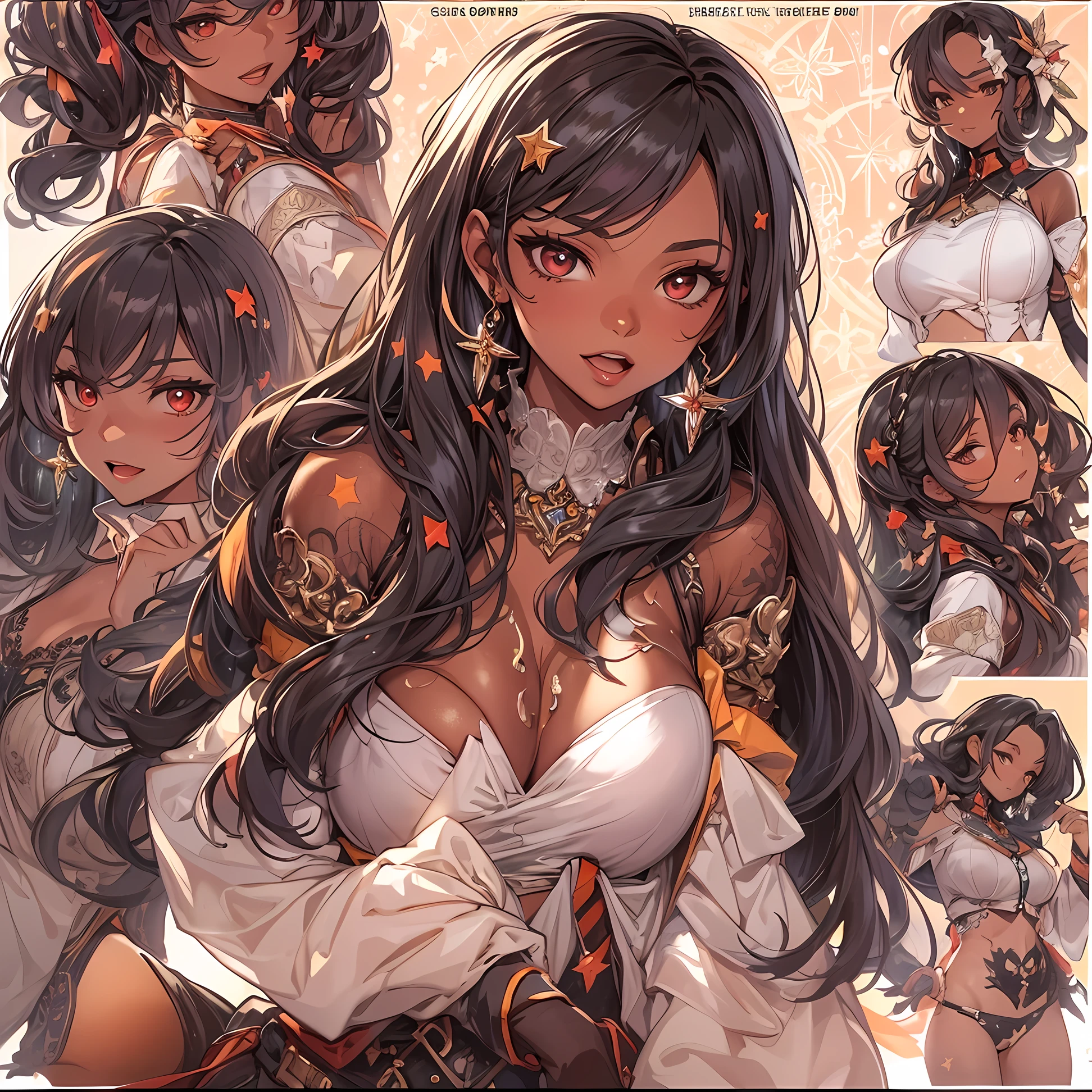 ((Masterpiece, Highest quality)), Detailed face, CharacterDesignSheet, full bodyesbian, Full of details, Multiple poses and expressions, Highly detailed, Depth, Many parts,Beautiful spy,dark brown skin, Holding a shield,long black hair,red eyes, estilo fantasia,Orange caramel,Extremely beautiful,High Balance, Natural light, Lace,lacepantyhose,Galaxy décor,Star decoration