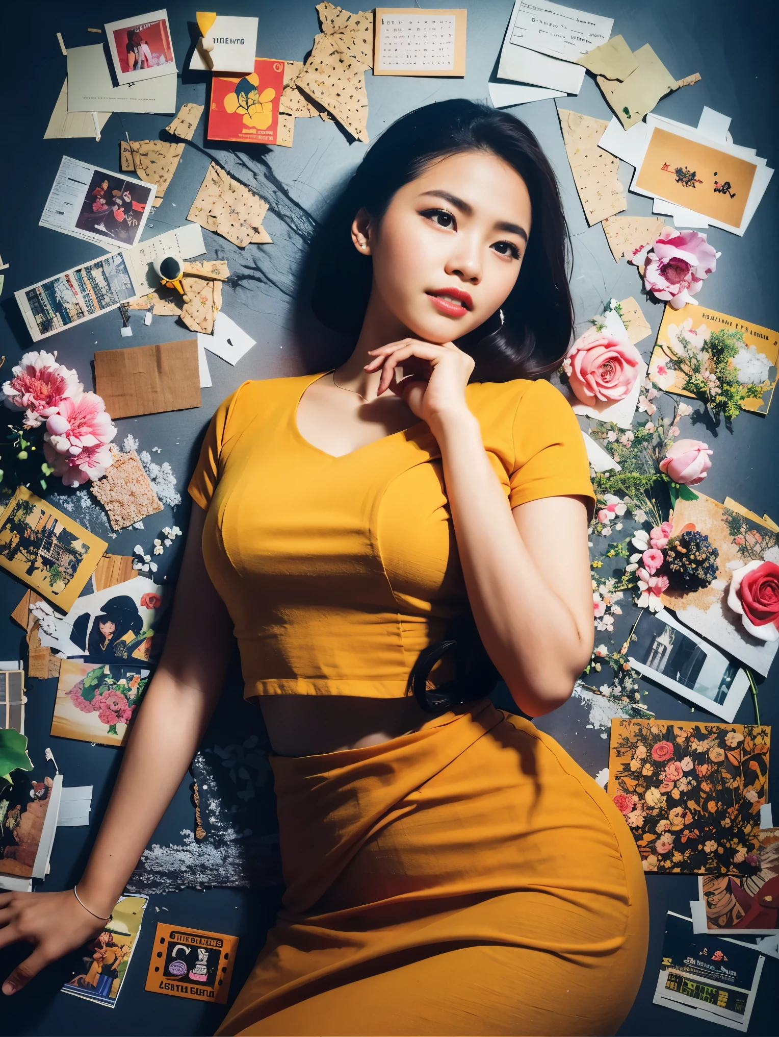 double exposure complex art by Alex Stoddard, gorgeous Myanmar woman in 1940 style and Cassette that producing musical symbols, surreal postcard on a cracked paper, extremely dynamic, unusual , vintage, 