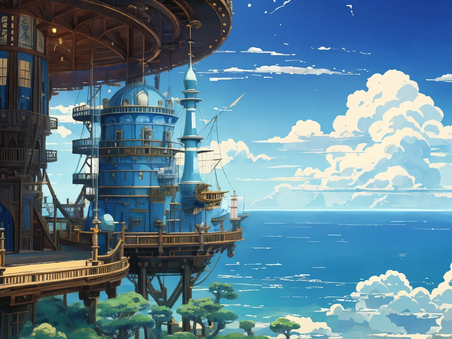 DVD screengrab from studio ghibli movie, beautiful seaside steampunk observatory interior, clouds on blue sky, designed by Hayao Miyazaki, retro anime