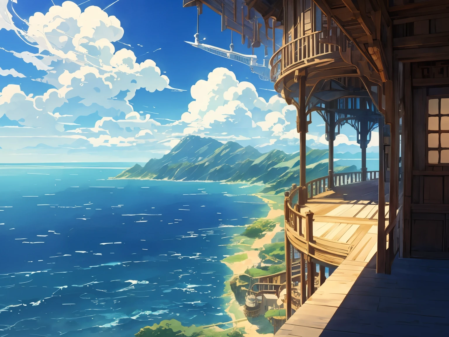 DVD screengrab from studio ghibli movie, beautiful seaside steampunk observatory interior, clouds on blue sky, designed by Hayao Miyazaki, retro anime