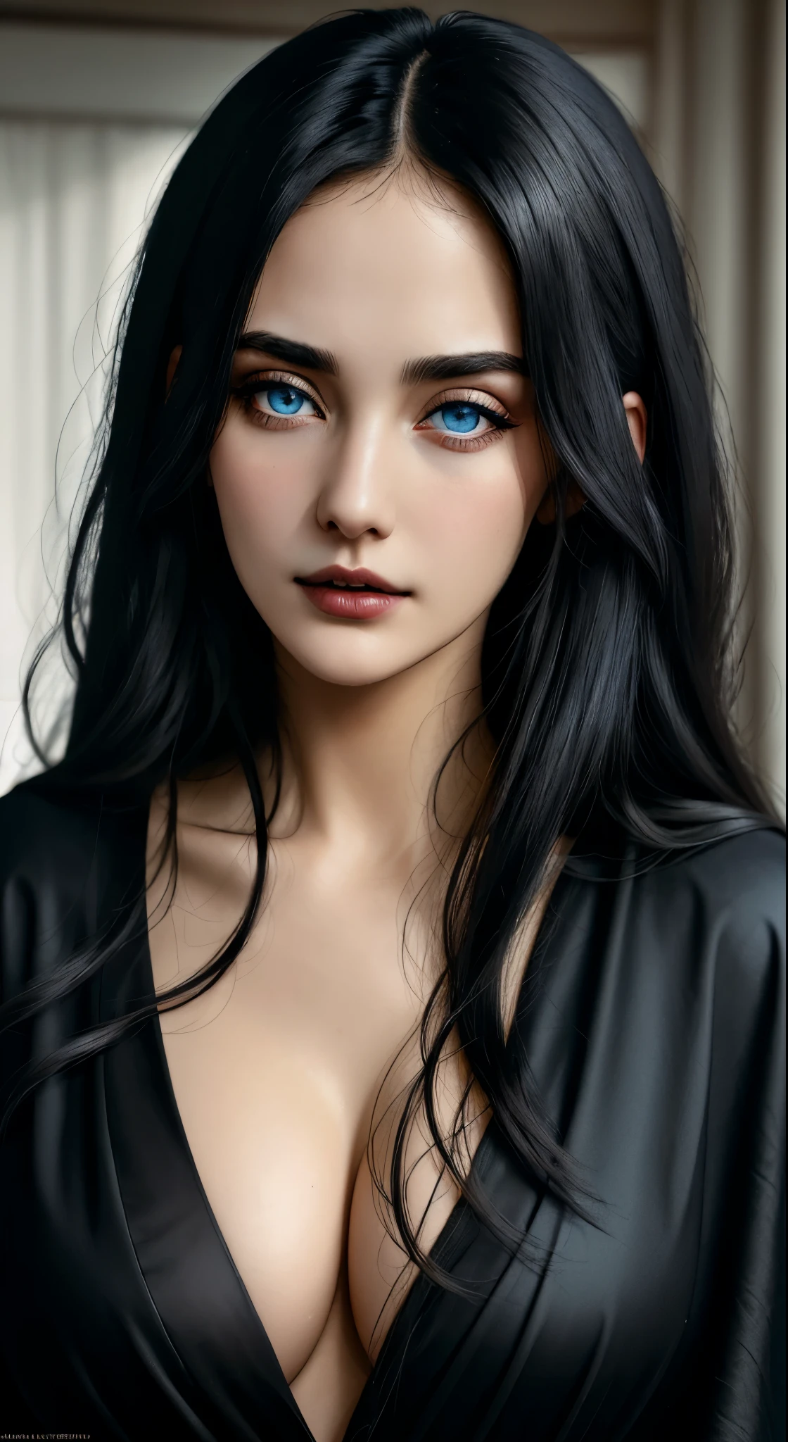 (best quality, hyperdetailed photography:1.2), beautiful lady, , blue eyes , black hair,dark makeup, soft light, snoopy breast,head and breast portrait, cover, (detailed beautiful face, detail skin texture, ultra-detailed body:1.1) sexy vampire girl,, massive perfect breast, closeup portrait, sexy woman, black robe,