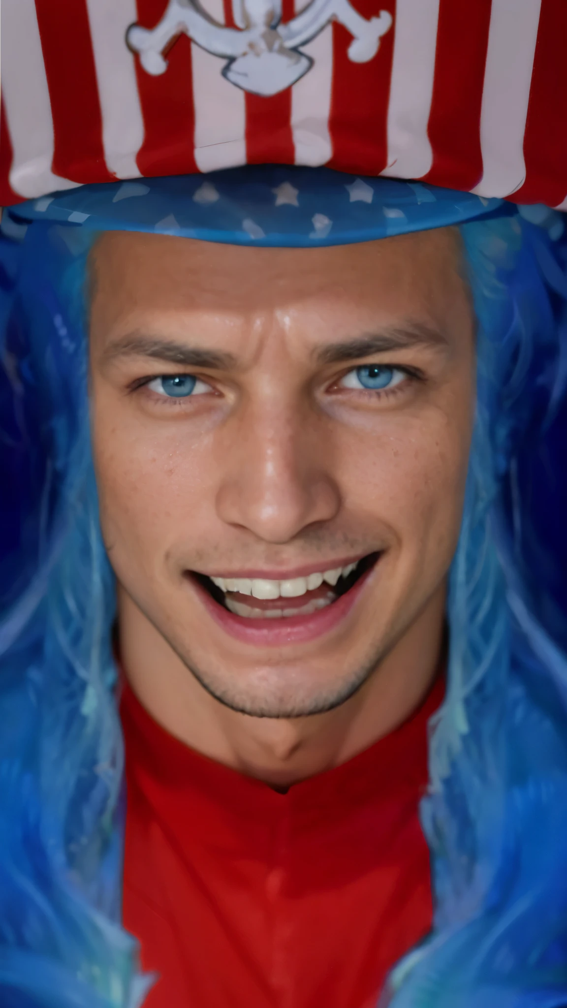 (masterpiece), (realistic), (ultra detailed), ( high reest quality), (photorealistic), (perfect face), (perfect anatomy),((( man)), ((male)), solo, (((35 years old))), buggy from one piece, buggy, one piece, potrait of buggy from one piece, blue  hair, long hair, crazy detail, realistic, professional photography, 8k UHD, SLR camera, soft lighting, high quality, film grain, Fujifilm XT3, (detailed face and eyes), (face: 1 2), noise, extra, detailed skin, , 