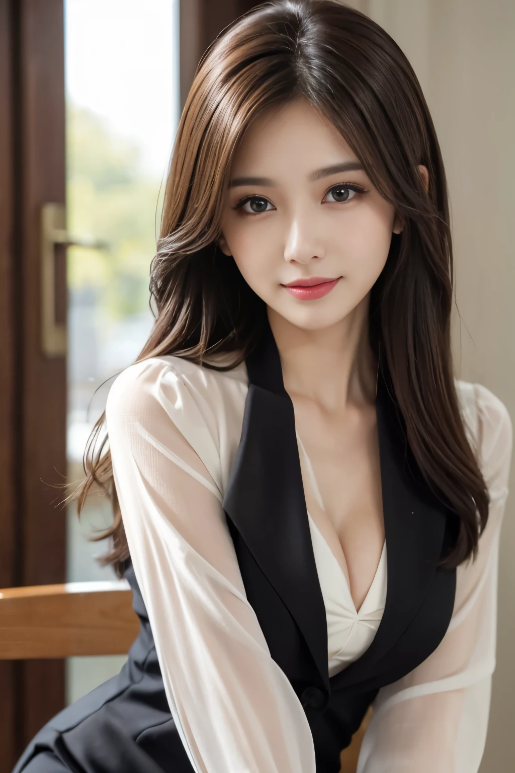 table top、highest quality、genuine、Super detailed、finely、High resolution、8k wallpaper、one beautiful woman、、、light brown disheveled hair、wearing a business suit、sharp focus、perfect dynamic composition、beautiful and detailed eyes、thin hair、詳細なgenuineな肌の質感、smile、close-up portrait、model body shape