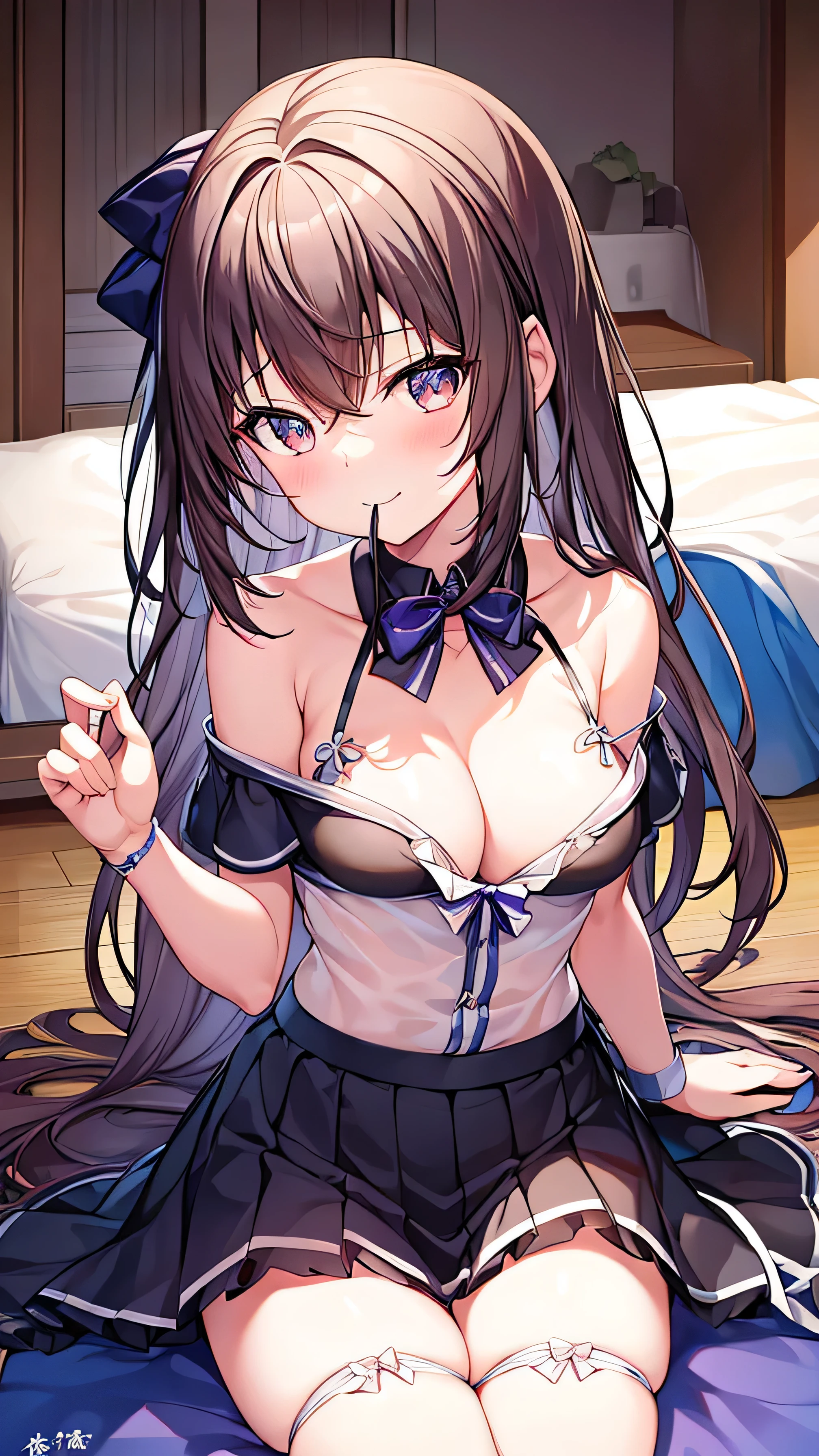 1 girl, Ichinose Fana, 独自of, boobgasm, 长of_hair, 高抬leg, 蓝色of_Eye, garter_Shoulder strap, Split, Smile, 橙色of_hair, hair_bow, watch_exist_audience, bow, two_side_up, 中等of_boobgasm, sitting, 红色of_bow, hand_between_leg, clavicle, signexisture, Alcohol, collar, between_leg, off_Shoulder, blush, labcoexist, Bangs, 模糊of, 棕色of_高抬leg, 波浪状of_hair, skirt, 仅有of_Shoulders, closure_Mouth, 模糊of_background, :3, cross-laced_clothing, 红色of_skirt, _username, 黑色of_collar, 黑色of_高抬leg, Open_clothing, depth_of_Place,