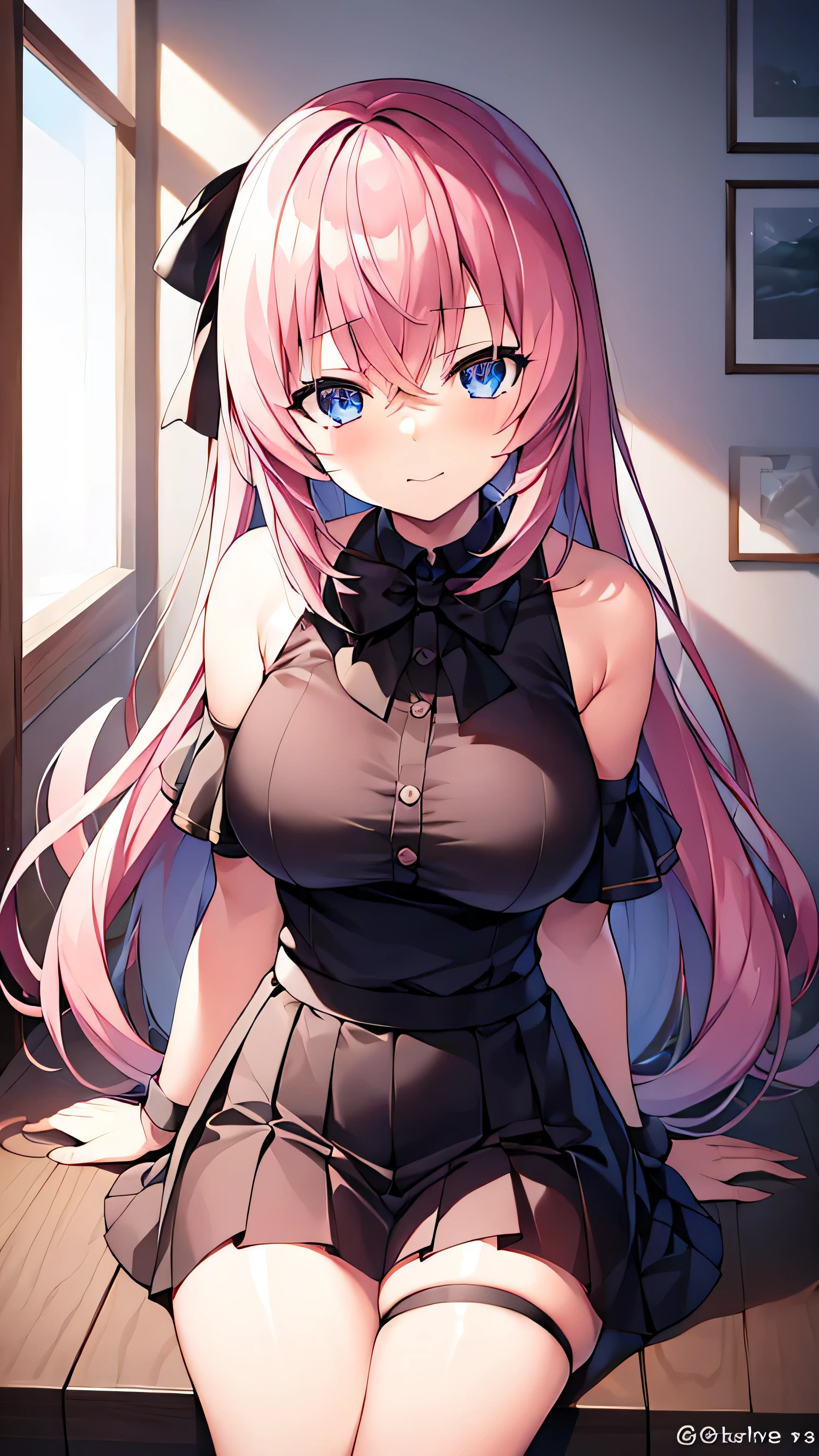 1 girl, Ichinose Fana, 独自of, boobgasm, 长of_hair, 高抬leg, 紫色of_Eye, garter_Shoulder strap, Split, Smile, 橙色of_hair, hair_bow, watch_exist_audience, bow, two_side_up, 中等of_boobgasm, sitting, 红色of_bow, hand_between_leg, clavicle, signexisture, Alcohol, collar, between_leg, off_Shoulder, blush, labcoexist, Bangs, 模糊of, 棕色of_高抬leg, 波浪状of_hair, skirt, 仅有of_Shoulders, closure_Mouth, 模糊of_background, :3, cross-laced_clothing, 红色of_skirt, _username, 黑色of_collar, 黑色of_高抬leg, Open_clothing, depth_of_Place, 