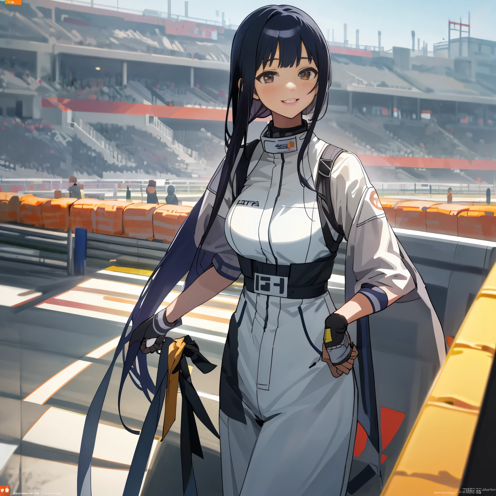 (Hyuuga Hinata), (1lady solo standing), /(grid girl/) Transparent Clothes with logo, Gravure Idol Figure Body, mature Woman, /(Indigo hair), (white Eyes), bangs, blush kind smile, (masterpiece best quality:1.2) delicate illustration ultra-detailed, large breasts, Her Breast out From Clothes, BREAK /(racing circuit outdoors/), racing car audience, detailed background, Best Quality 32k HDR,