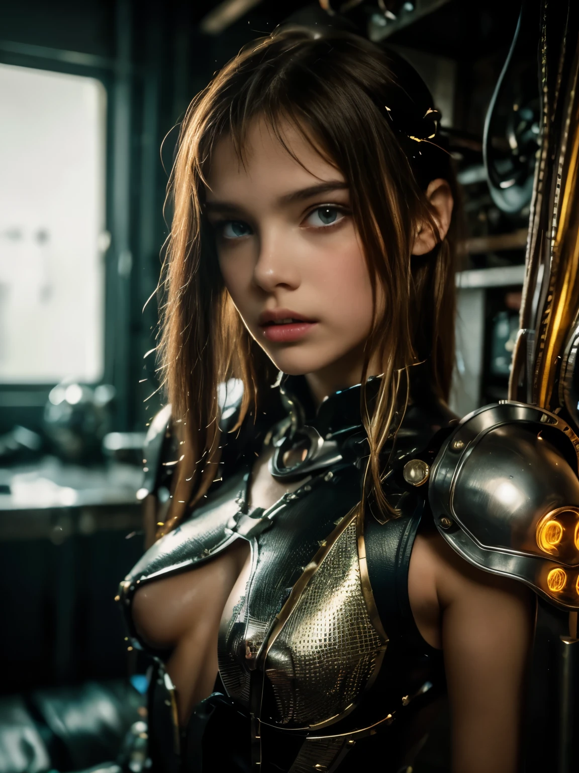 (1 Mechanical Cyborg Girl) 、(Russian girl , European appearance)、mutant monster behind her attacking her, she is fighting back. black and gold vaultsuit, combat harness, topquality、tmasterpiece、超High Resolution、(photorealestic:1.4)、RAW photo、1 Russian girl、Fight mutants、Glowy skin、(((1 Russian girl mechanic)))、With a beautiful knife、（Red bodysuit with metallic effect and riveted steel plates.）、(Battle Cups、ogre、Fierce battle with the Orcs),（Fight the aliens furiously）、Fight fiercely、(Beautiful forest background)、(Fighting demonic beasts)、(Small LED)、((Super realistic details))、portlate、(The Backstory of a Strong Giant Demon Beast),Global Illumination、ombre、Octane rendering、8K、Ultra-spicy、Raw skin is exposed when split、metals、Details of complex ornaments、Russian Details、Very complex detailing、Realistic light、(Mystical expression),CGSoation Trends、blue eyes、Radiant Eyes、facing the camera、neon details、(Mechanical Limbs)、(blood vessels, connected to tubes)、(Wires and cables, Plug-in to the head)、Small LED、,Mechanical hips、Tustok、（Hands are also made of machines）、（Attack of monstrous beasts）、