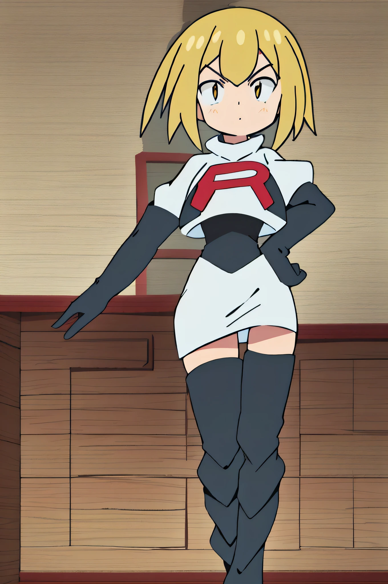 1girl in, (Solo:1.2), (Perfect body:1.1), (Best Quality:1.1), , very large breast, hands on hip,team rocket uniform, red letter r, white skirt,white crop top,black thigh-high boots, black elbow gloves, glaring angrily, looking at viewer, hands on hips,zettai ryouiki,Himiko Toga