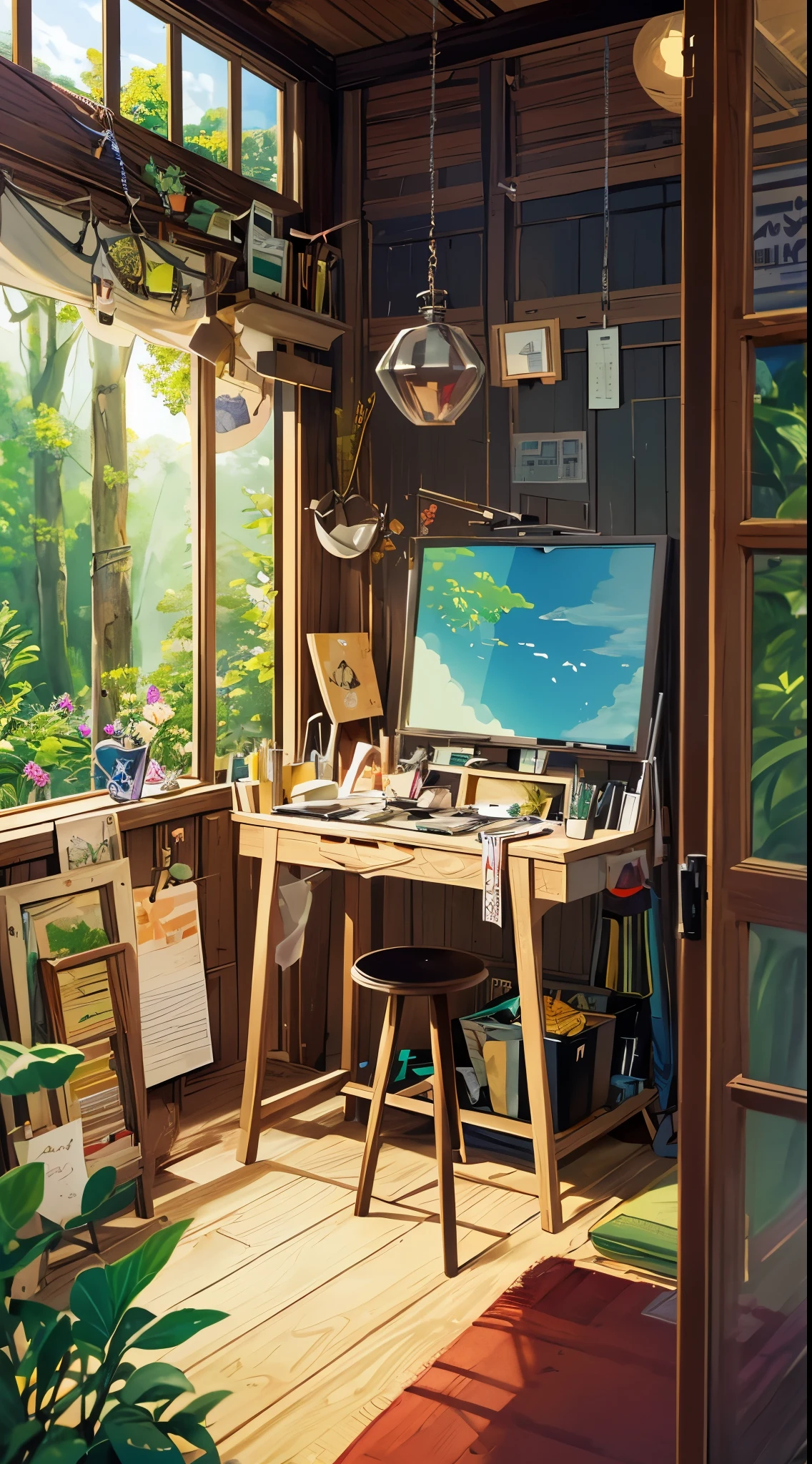 an artist's studio with a view of a landscape, anime painter studio, kyoto studio, trending art station, art station landscape, anime background art, painting of a room, front page of art station, studio glibly makoto shinkai, personal room background, anime landscape, rio de janeiro in an anime film, studio ghibli environment, (art station), anime scenery, no human