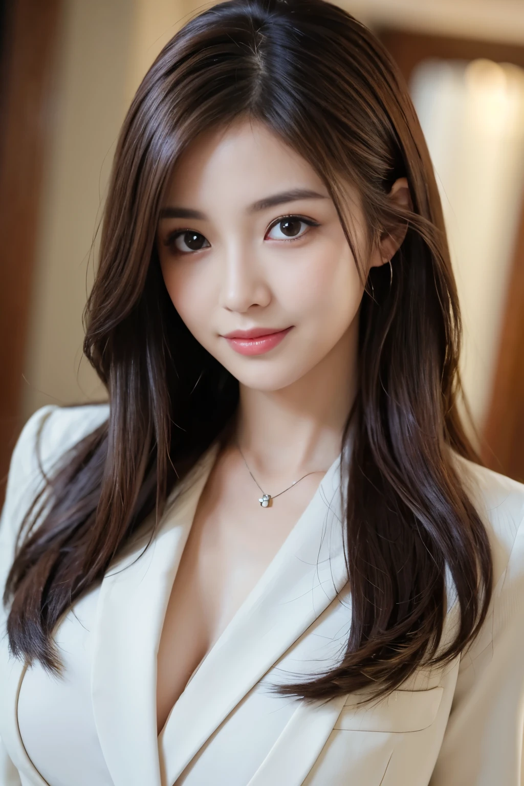 table top、highest quality、genuine、Super detailed、finely、High resolution、8k wallpaper、one beautiful woman、、、light brown disheveled hair、wearing a business suit、sharp focus、perfect dynamic composition、beautiful and detailed eyes、thin hair、詳細なgenuineな肌の質感、smile、close-up portrait、model body shape