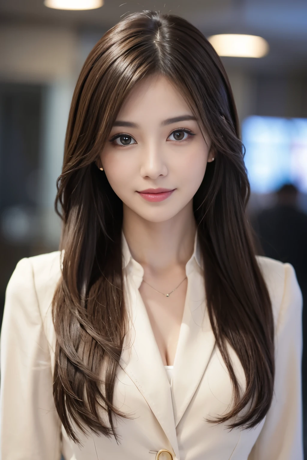 Tabletop, highest quality, Realistic, Very detailed, finely, High resolution, 8k wallpaper, 1. Beautiful Women,, Light brown messy hair, He is wearing a black see-through open-necked shirt.。., Sharp focus, Perfect dynamic composition, Beautiful and detailed, Thin Hair, Detailed Realistic skin texture, smile, Close-up portrait, Model Body Type、mini skirt、High heels、suit