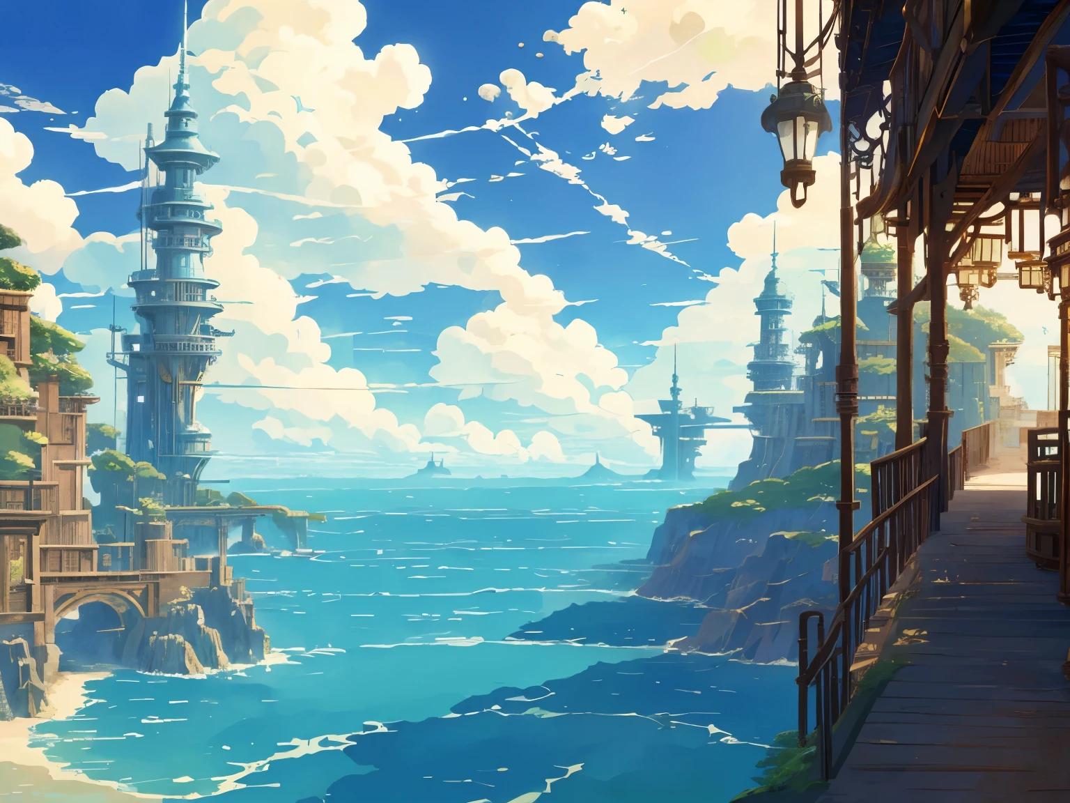 DVD screengrab from studio ghibli movie, beautiful seaside steampunk bridge interior, clouds on blue sky, designed by Hayao Miyazaki, retro anime