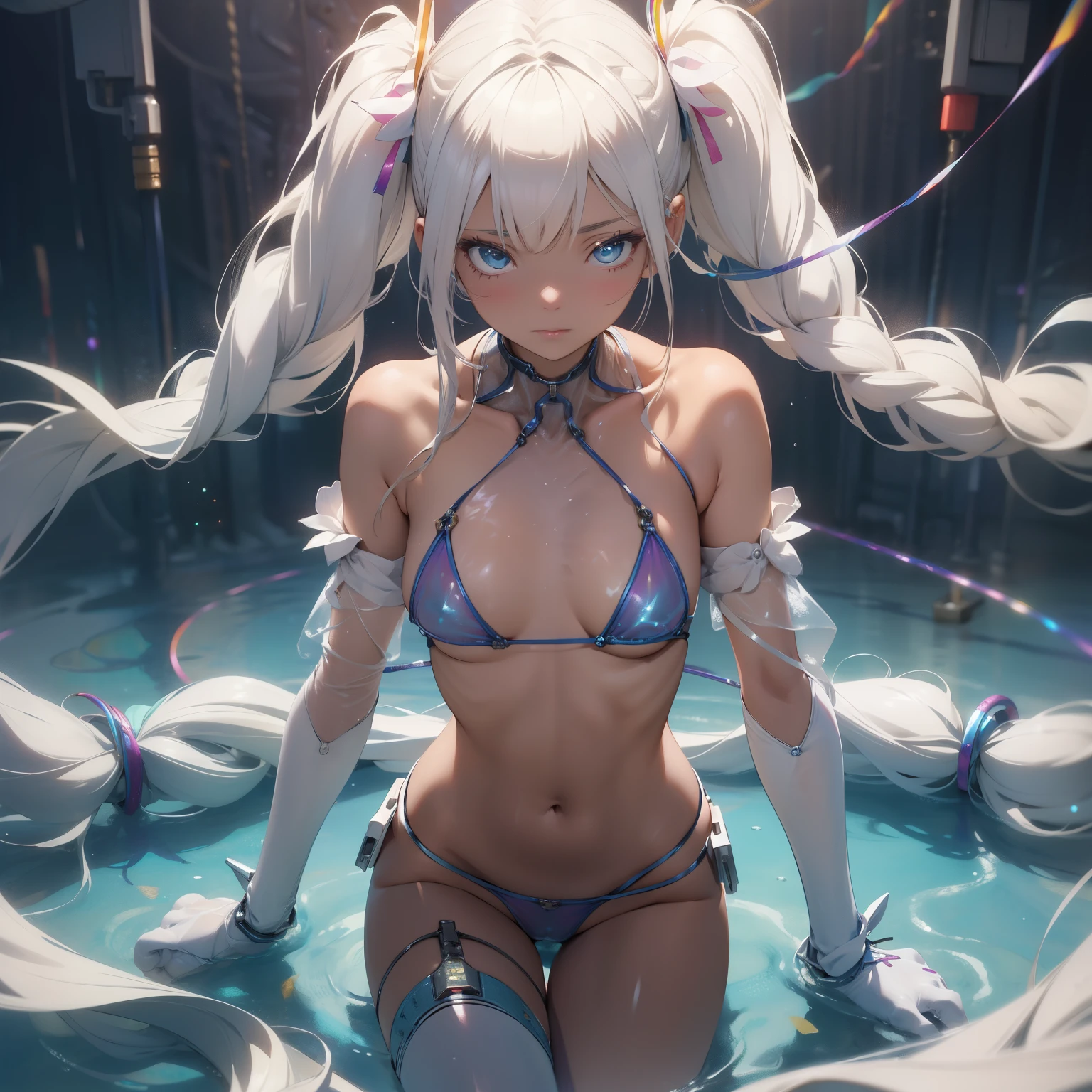 (quality)), ((masterpiece)), Recommended results、Puffy nipples、(see through:1.5)、straighten your back、abdominal muscles、huge bust、angle to floor:1.2、low camera angle、Hair loss on crotch,Hatsune Miku,super detailed)), (Very detailed的CG插画), ((extremely delicate and beautiful)),(1 white transparent mechanical girl)),alone,whole body,(Machine made joints:1.2),((mechanical limbs)),(Flashing blood vessel points connected to tubes),(Mechanical vertebrae attached to the back,with flowing glitter.),((Flowing rainbow fixed around neck)),perfect round face,(wires and cables attaching to neck:1.2),(Rainbow wires and cables on the head:1.2)(Character focus),,Very detailed,rich and colorful,most detailed,white ceramic skin,long blonde hair,maidennurse
