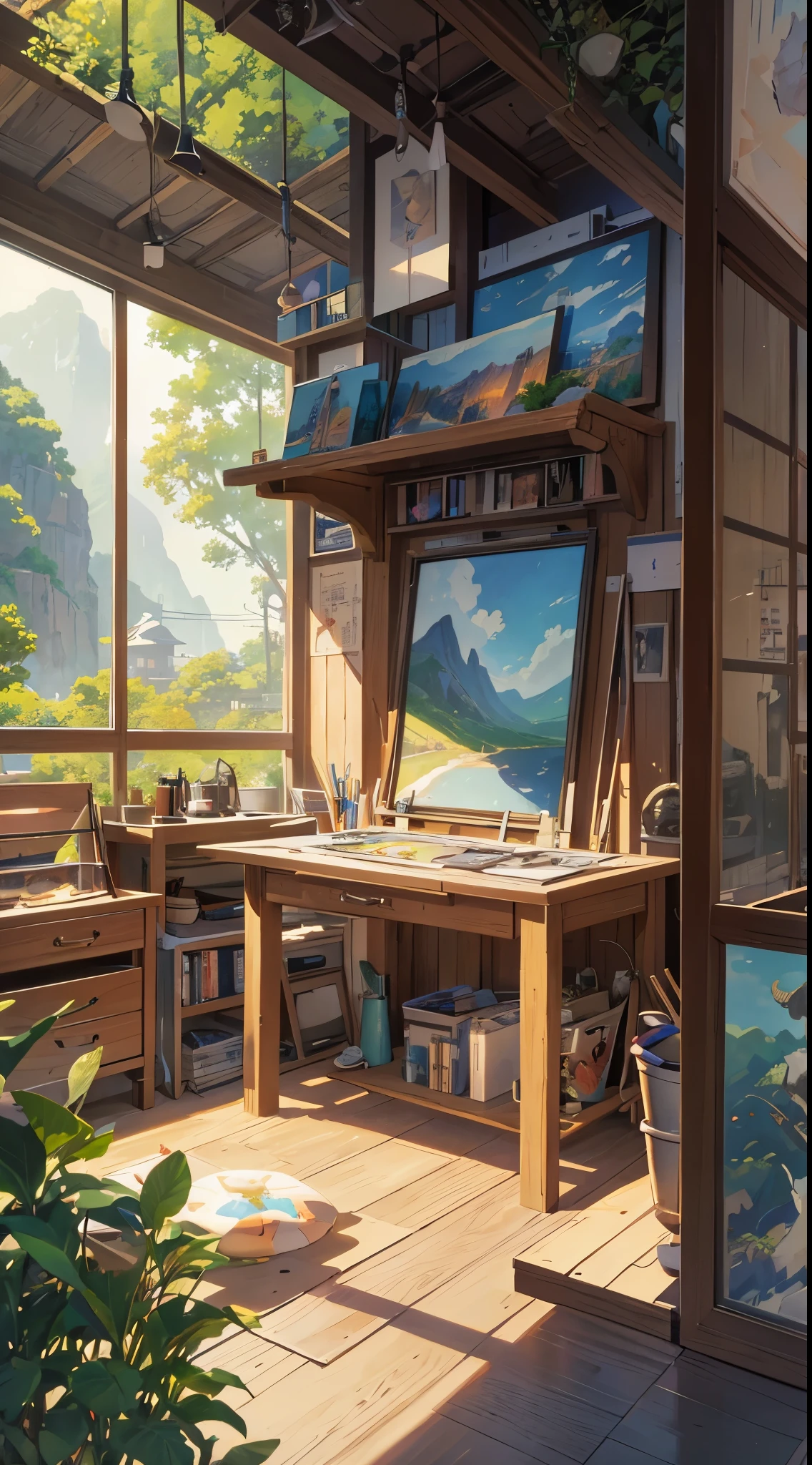 an artist's studio with a view of a landscape, anime painter studio, kyoto studio, trending art station, art station landscape, anime background art, painting of a room, front page of art station, studio glibly makoto shinkai, personal room background, anime landscape, rio de janeiro in an anime film, studio ghibli environment, (art station), anime scenery