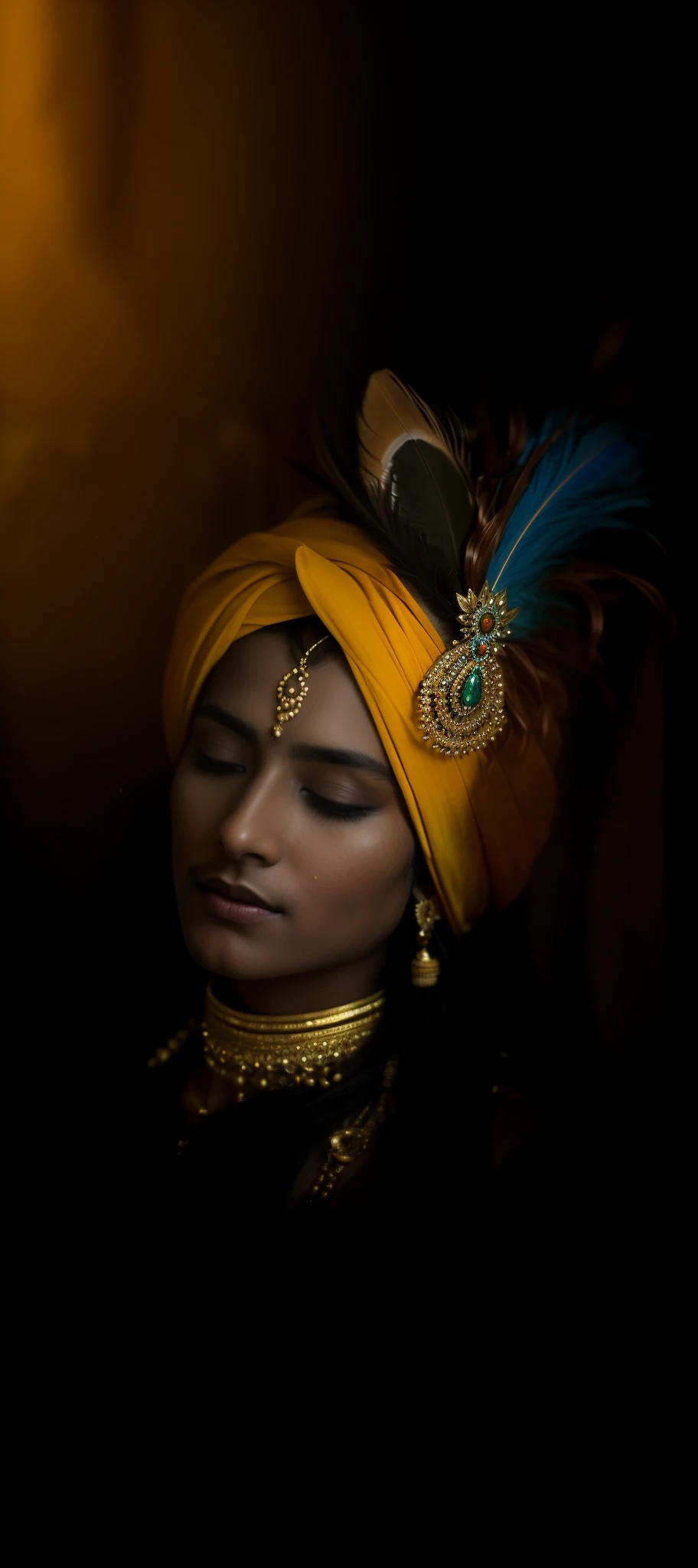 a close up of a person with a feather on their head, indian god, attractive male deity, color photograph portrait 4k, coy expression wearing intricate, an exhausted deity, serene expression, regal and menacing visage, his head covered in jewels, a stunning portrait of a goddess, peaceful expression, portrait of a beautiful goddess, closeup portrait shot, stylish deity