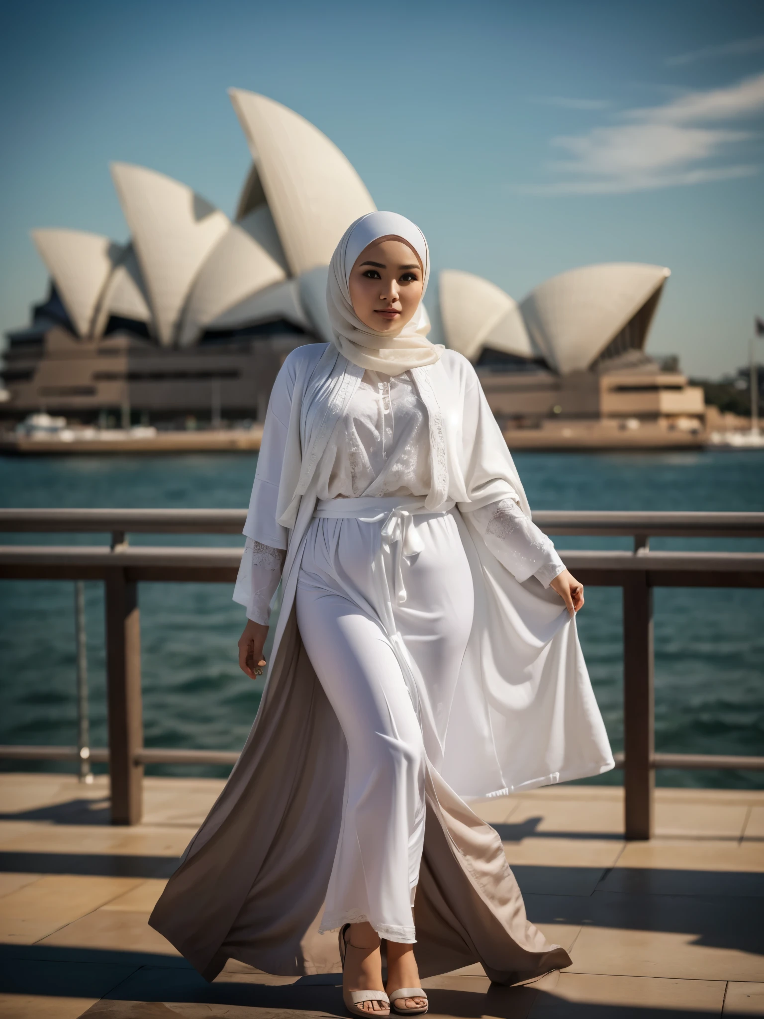 a woman wearing a hijab, wearing a white robe, (30 years old) ((plump)), realistic, young Asian woman, realistic, HDR, photography, sea and Sydney background