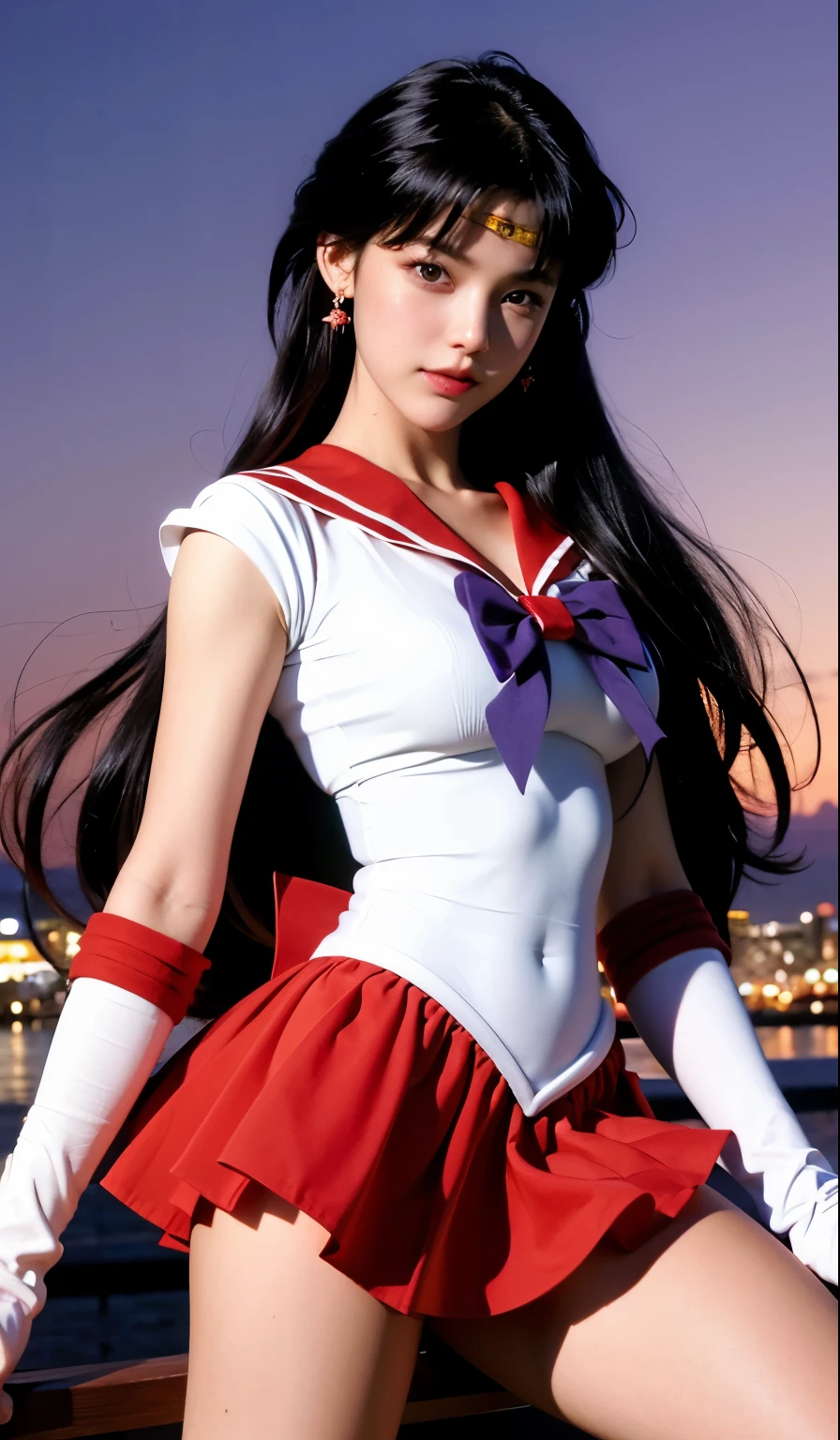 1girl, long hair, (high quality,8k, blonde hair, realistic, best quality, masterpiece, ultra detailed)1.5, ((sama1, tiara, sailor senshi uniform, white gloves, red sailor collar, red skirt)), night city, white gloves, Purple Bow, Purple eye, high heel boots, pantyhose,