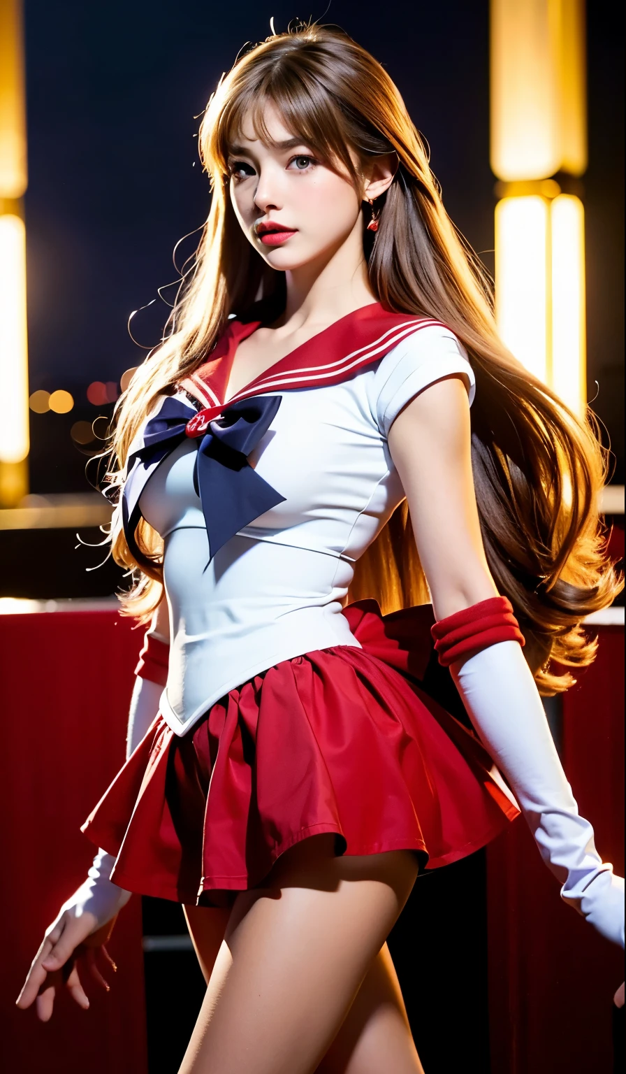 1girl, long hair, (high quality,8k, blonde hair, realistic, best quality, masterpiece, ultra detailed)1.5, ((sama1, tiara, sailor senshi uniform, white gloves, red sailor collar, red skirt)), night city, white gloves, Purple Bow, Purple eye, high heel boots, pantyhose,