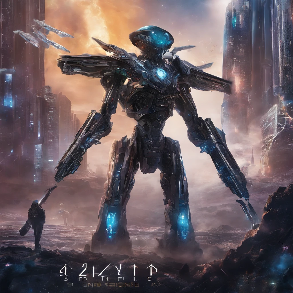 best quality, 32k, RAW photo, incredibly absurdres, extremely detailed, delicate texture, gigantic mechanical warrior 50 meters tall, streamlined body with shiny chrome plating and iridescent jet black parts, weapons and shields, background destroyed city, explosion, flame, smoke, delicate, flashy and dynamic depiction, 3D