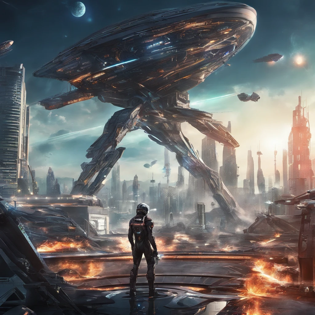 best quality, 32k, RAW photo, incredibly absurdres, extremely detailed, delicate texture, gigantic mechanical warrior 50 meters tall, streamlined body with shiny chrome plating and iridescent jet black parts, weapons and shields, background destroyed city, explosion, flame, smoke, delicate, flashy and dynamic depiction, 3D