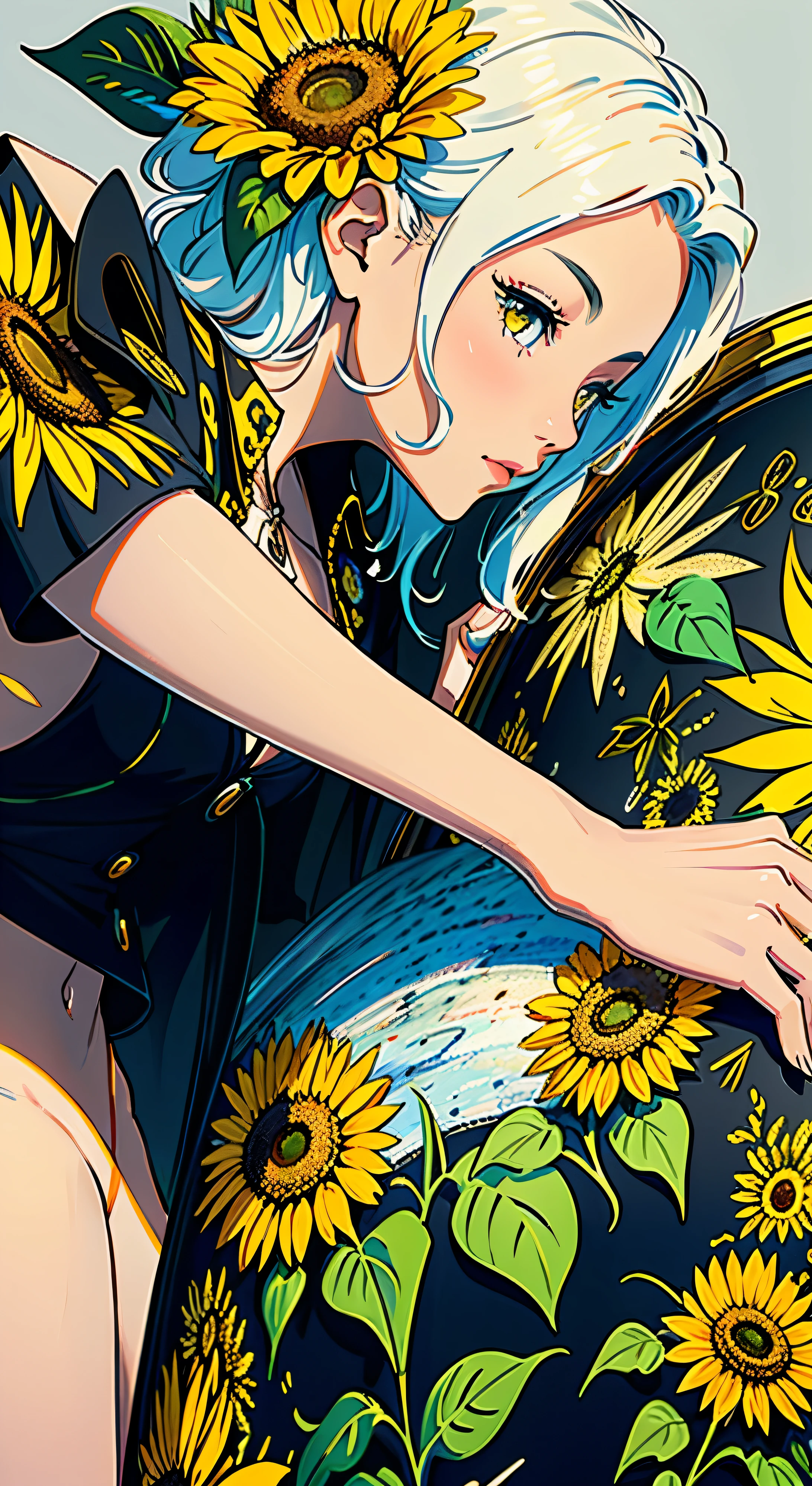 Hand-painted design with floral accents, featuring sunflowers as a happiness symbol in a stunning 3D floral pattern. The elegant, minimalist yet luxurious creation showcases intricately detailed sunflowers that are sure to be eyes-catching. Crafted in ultra-high definition (UHD) resolution, the hand-painted artistry boasts iridescent, brightly colored petals and lifelike, textured details, making it an impressive and eye-grabbing masterpiece.