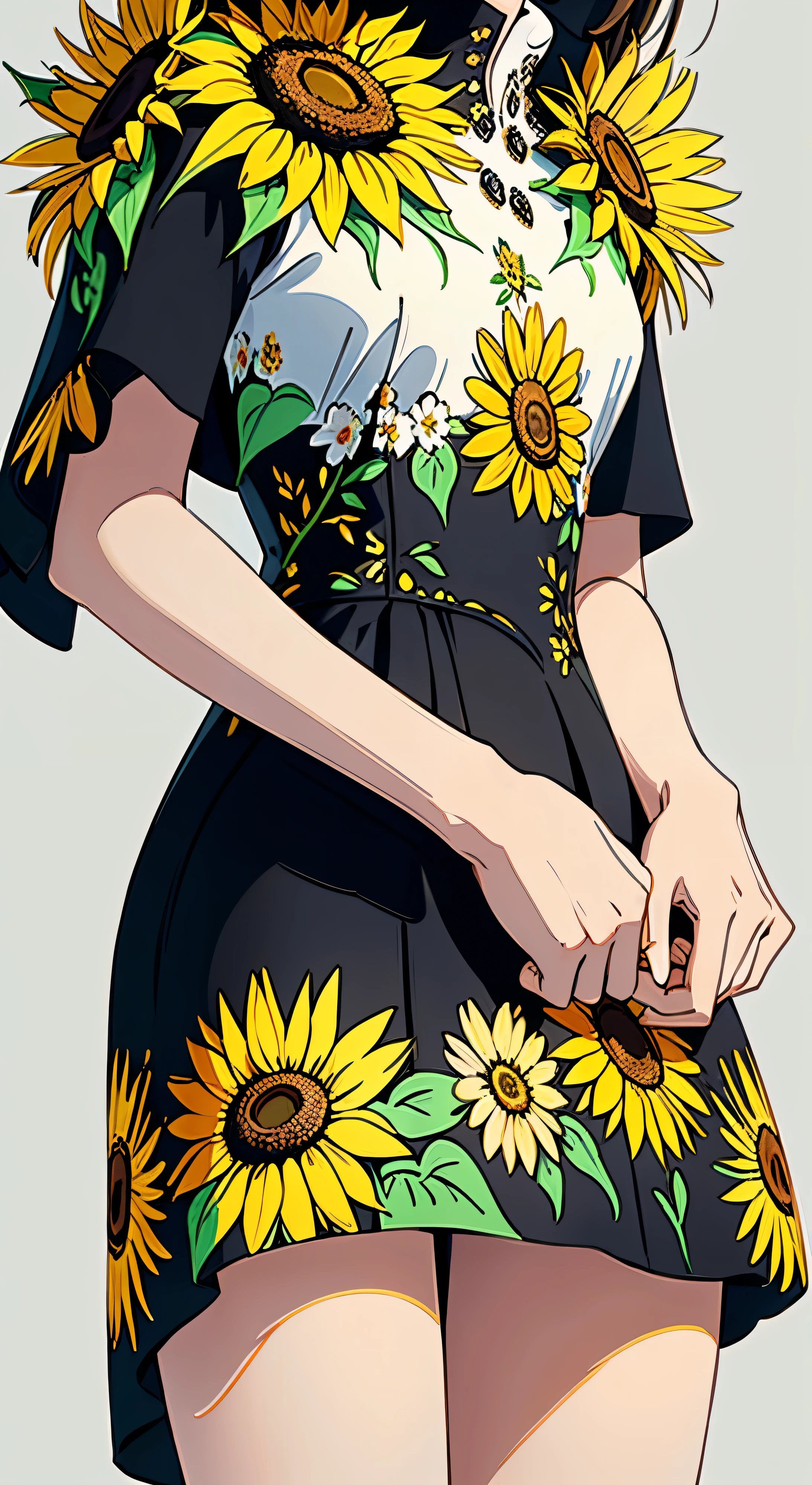 Hand-painted design with floral accents, featuring a 3D floral pattern that embodies the symbol of happiness through sunflowers, is ideal for creating an elegant dress design. This minimalist yet luxurious concept stands out with its eyes-catching and intricately detailed elements, making it a perfect fit for an ultra-high-definition (UHD) resolution application.