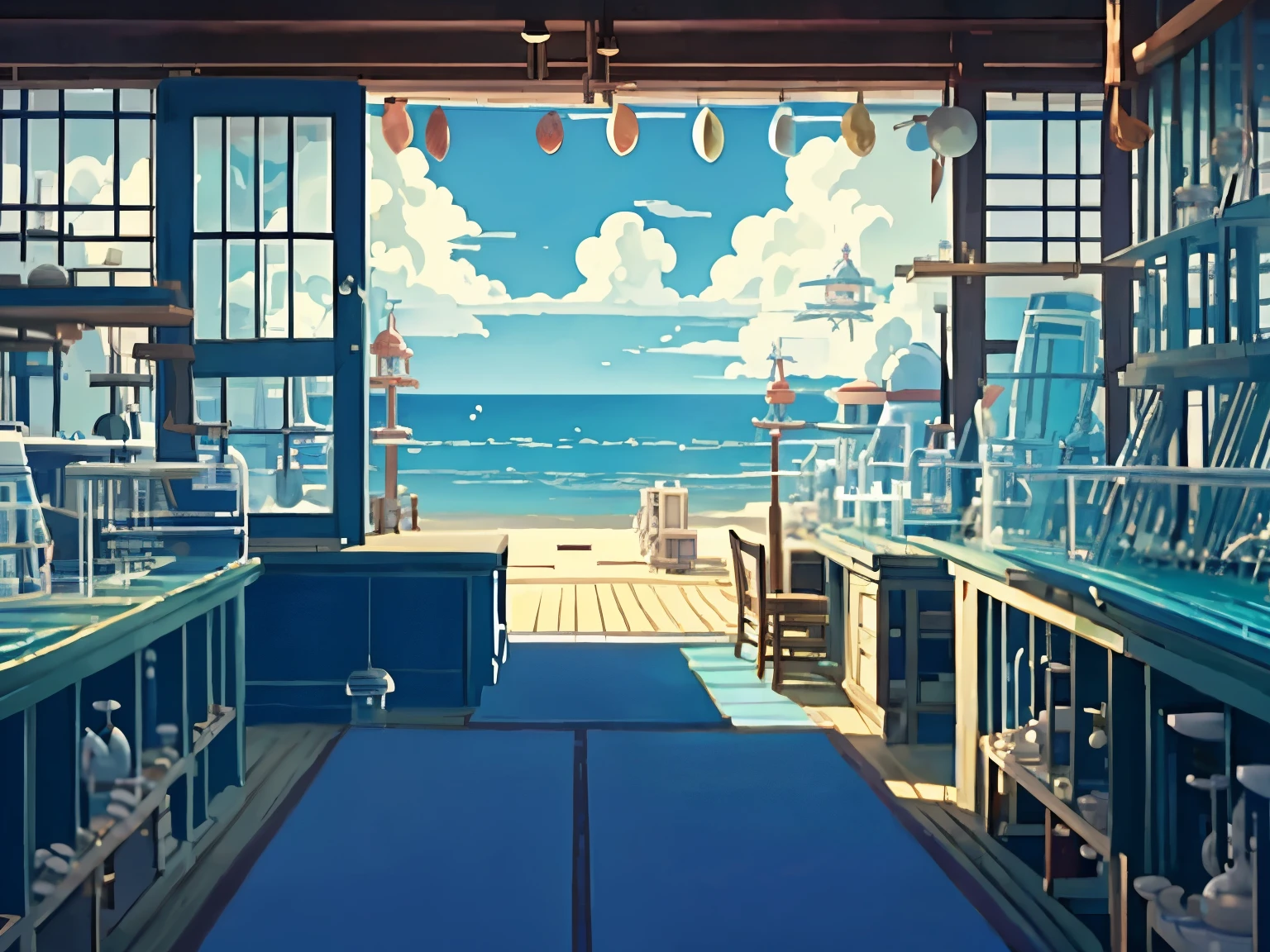 DVD screengrab from studio ghibli movie, (beautiful seaside laboratory interior:1.4), clouds on blue sky, designed by Hayao Miyazaki, retro anime