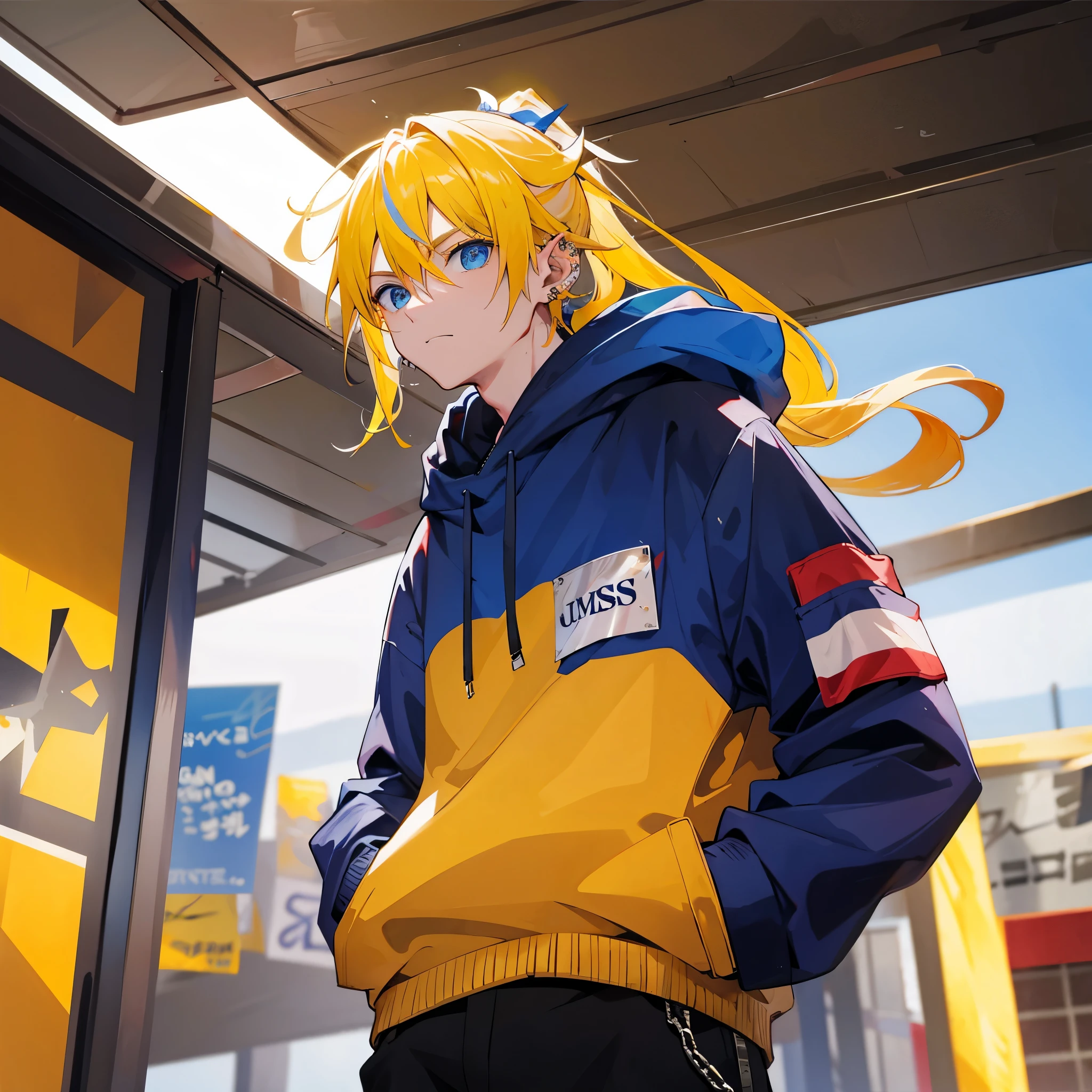 A man，Handsome，Ponytail Yellow Hair, ((Ear Piercing)), (Blue Eyes), Race Circuit，Sateen，Gangster, Hoodie，Put your hands in your pockets