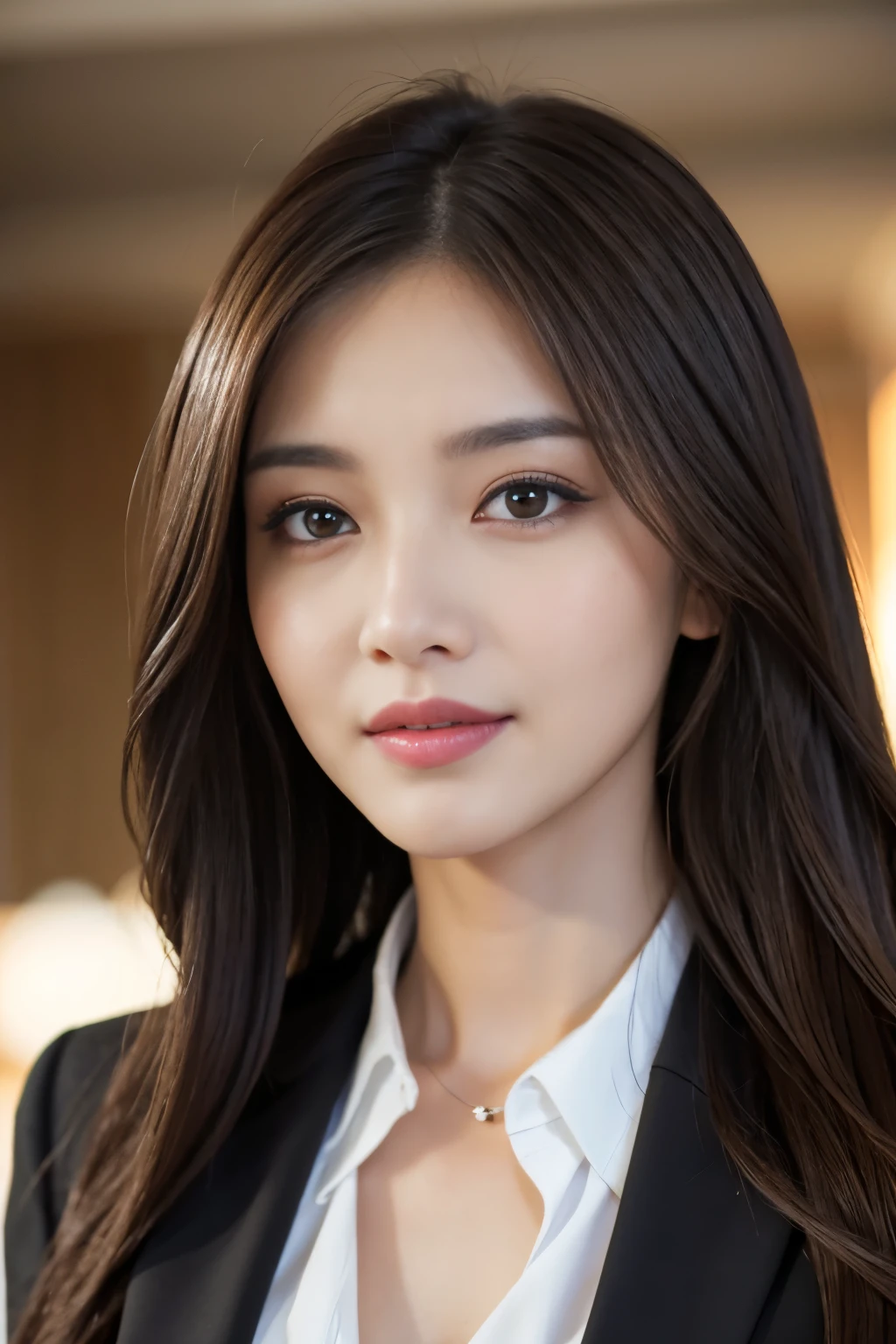 table top、highest quality、genuine、Super detailed、finely、High resolution、8k wallpaper、one beautiful woman、、、light brown disheveled hair、wearing a business suit、sharp focus、perfect dynamic composition、beautiful and detailed eyes、thin hair、詳細なgenuineな肌の質感、smile、close-up portrait、model body shape