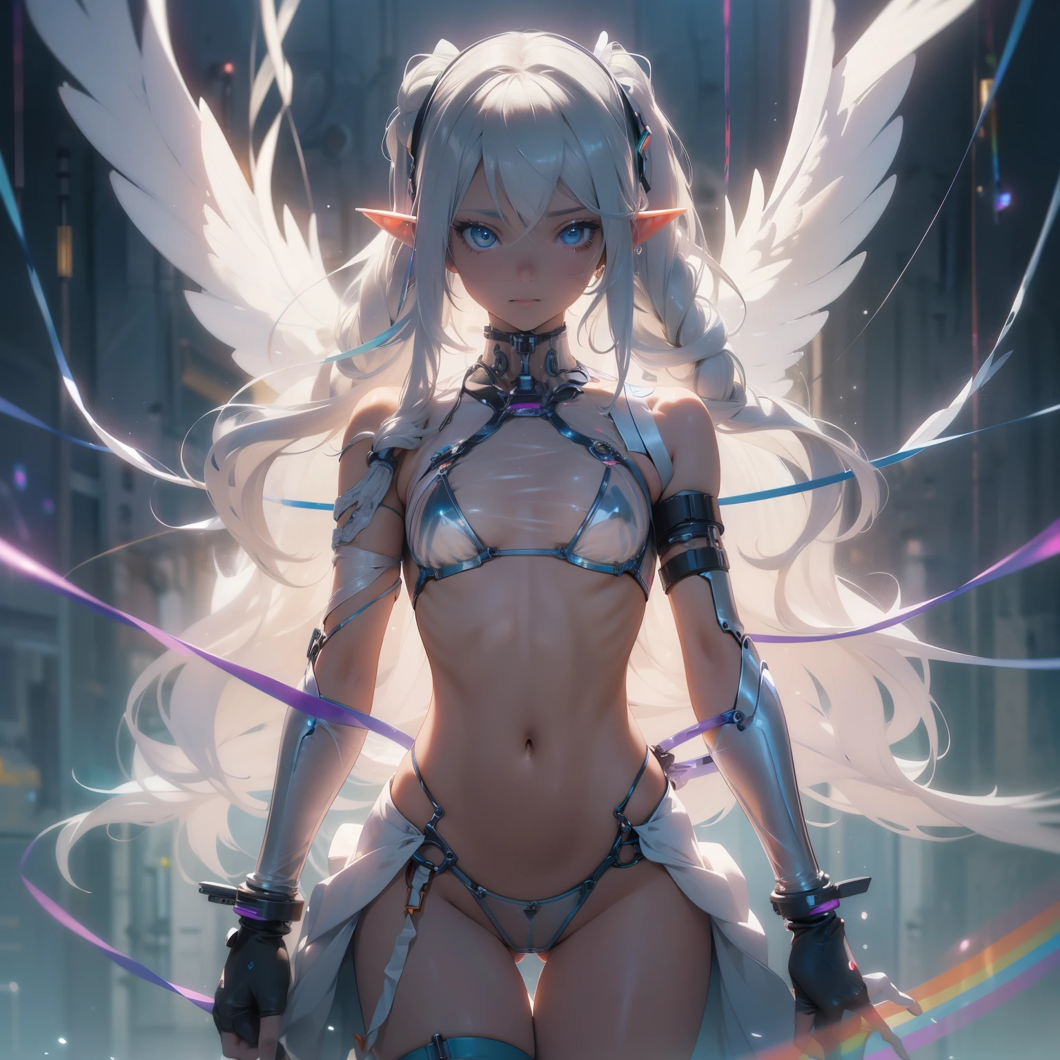 (quality)), ((masterpiece)), Recommended results、Puffy nipples、(see through:1.5)、straighten your back、abdominal muscles、huge bust、angle to floor:1.2、low camera angle、Hair loss on crotch,Hatsune Miku,super detailed)), (Very detailed的CG插画), ((extremely delicate and beautiful)),(1 white transparent mechanical girl)),alone,whole body,(Machine made joints:1.2),((mechanical limbs)),(Flashing blood vessel points connected to tubes),(Mechanical vertebrae attached to the back,with flowing glitter.),((Flowing rainbow fixed around neck)),perfect round face,(wires and cables attaching to neck:1.2),(Rainbow wires and cables on the head:1.2)(Character focus),,Very detailed,rich and colorful,most detailed,white ceramic skin,long blonde hair,maidennurse,elf Angel