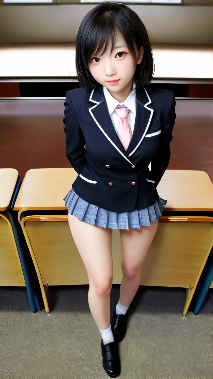 最high quality、high quality、best image quality、8K、最High resolution、High resolution、最high quality、masterpiece、RAW photo、whole body写真、Realistic human body with detailed details、Realistic skin in every detail、Realistic face in every detail、Realistic eyes in every detail、Realistic lips in every detail、Realistic teeth in every detail、Realistic ears with attention to detail、Realistic hair with detailed details、Realistic arms with attention to detail、Realistic hands with attention to detail、Realistic fingers with attention to detail、(fine hands、thumb１reference４)、Realistic legs with attention to detail、Realistic feet with attention to detail、((beautiful japanese girl))、(japanese model), (japanese woman)、((18 year old beautiful girl))、(black hair)、(straight hair)、((whole body))、((Upward beautiful breasts、Medium chest))、(slim style、slender style)、(whole body光沢肌、Fair skin)、Detailed and realistic human body、detailed realistic skin、detailed realistic face、detailed realistic arms、Detailed realistic fingers、Detailed realistic feet、soft natural light、sailor suit、Blazer School Uniform、high school、high school student、Junior School、japanese school uniform、((Transparent see-through(cross top school uniform、Student Miniskirt))、((In the classroom of the school(Pose that makes your thighs look beautiful))
