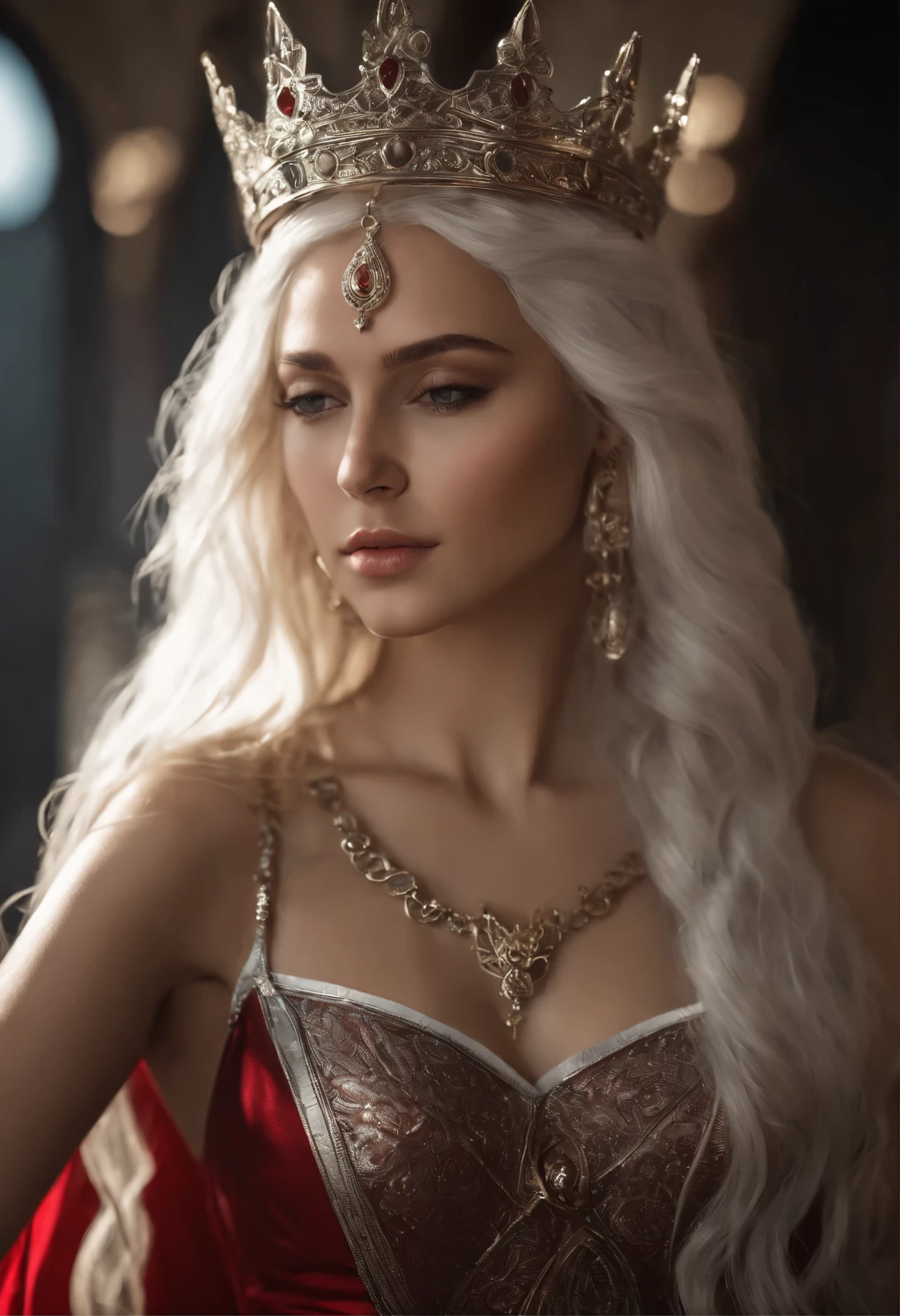 photorealistic, high resolution, 1 girl, ???? up, white long hair, beautiful eyes, normal round ??????, dark souls style, red knight armor, silver dress, transparan bra , smooth skin, red lips natural, Jewelry crown, skinny beautiful teen princess, middle east princess,  arabian style armor