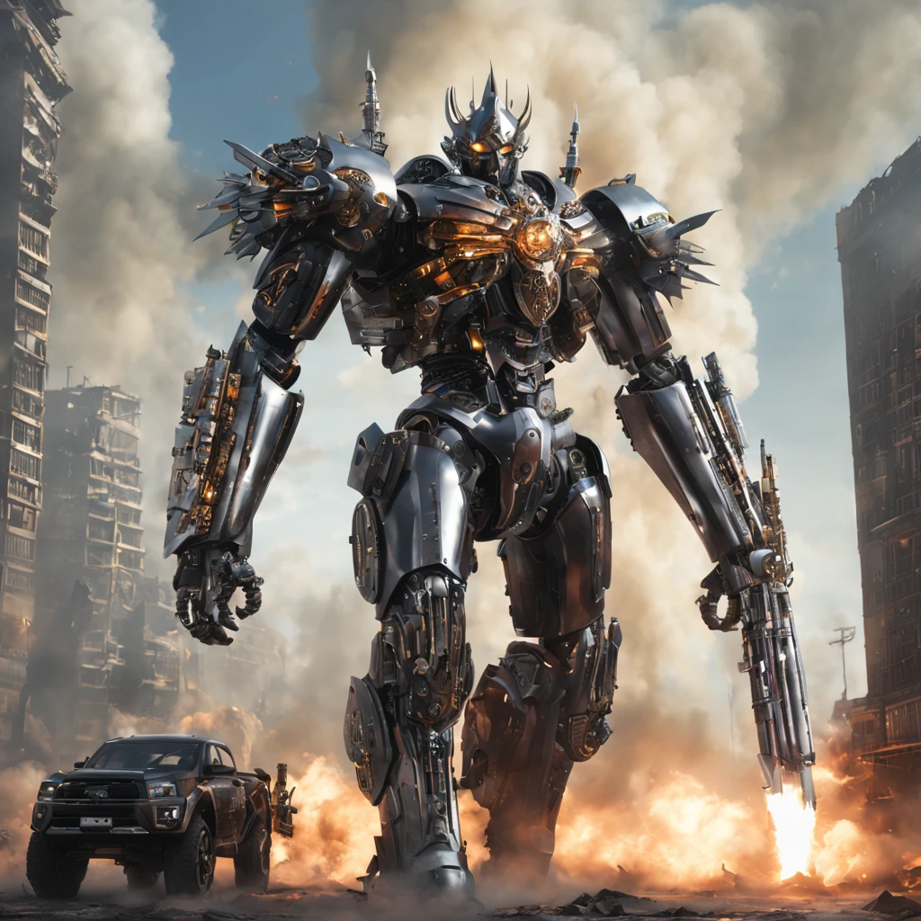 best quality, 32k, RAW photo, incredibly absurdres, extremely detailed, delicate texture, gigantic mechanical warrior 50 meters tall, streamlined body with shiny chrome plating and iridescent jet black parts, weapons and shields, background destroyed city, explosion, flame, smoke, delicate, flashy and dynamic depiction, 3D