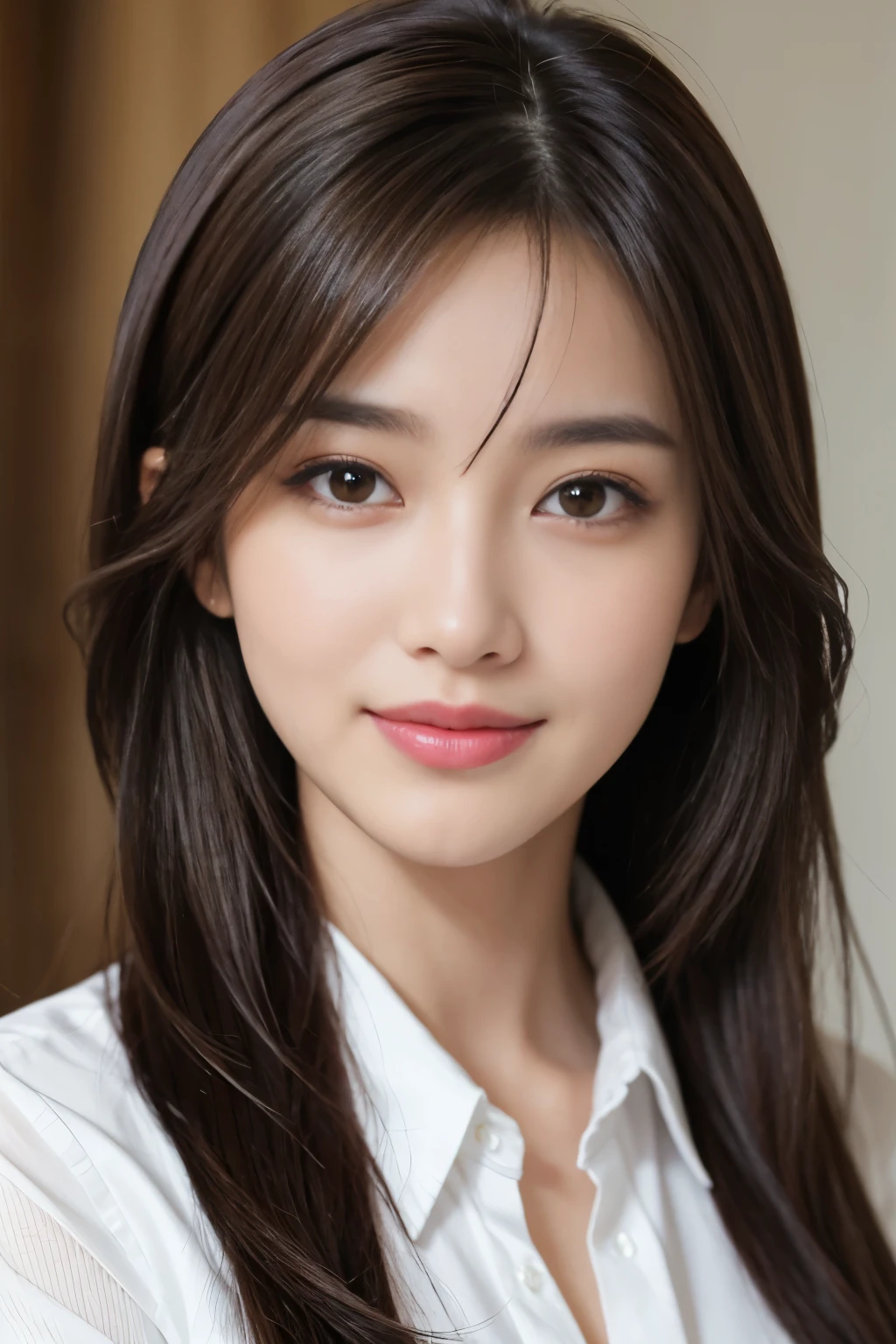 table top、highest quality、genuine、Super detailed、finely、High resolution、8k wallpaper、one beautiful woman、、、light brown disheveled hair、wearing a business suit、sharp focus、perfect dynamic composition、beautiful and detailed eyes、thin hair、詳細なgenuineな肌の質感、smile、close-up portrait、model body shape