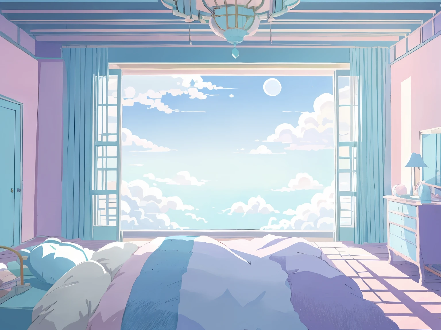 DVD screengrab from studio ghibli movie, (beautiful pastel bedroom interior:1.4), clouds on blue sky, designed by Hayao Miyazaki, retro anime