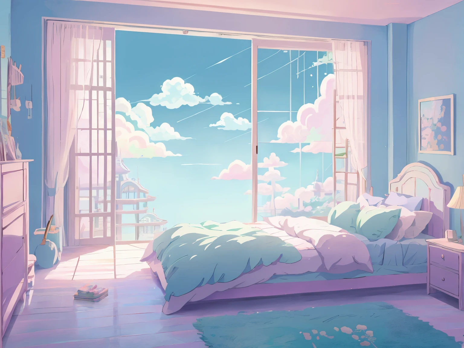 DVD screengrab from studio ghibli movie, (beautiful pastel bedroom interior:1.4), clouds on blue sky, designed by Hayao Miyazaki, retro anime